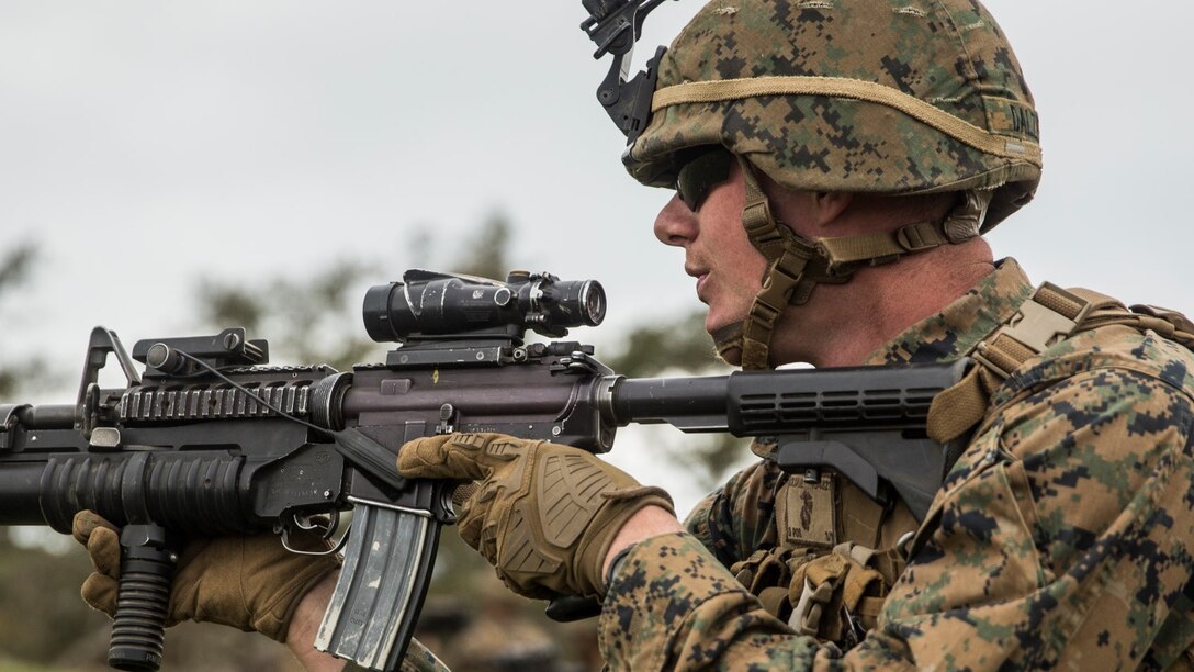 U.S. Marine Lance Cpl. Alexander Dalziel assesses enemy threat during squad tactics and maneuver training aboard Camp Pendleton, Calif., Jan. 29, 2015. Dalziel is a team leader with Kilo Company, Battalion Landing Team 3rd Battalion, 1st Marine Regiment, 15th Marine Expeditionary Unit. As the ground combat element for the 15th MEU, BLT 3/1 is preparing for their upcoming deployment by enhancing their combat skills and learning to work as a cohesive unit. (U.S. Marine Corps Photo by Sgt. Emmanuel Ramos/Released)