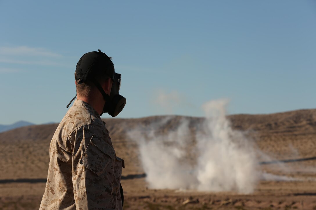 A corpsman from 1st Battalion, 7th Marine Regiment, looks on as 2-Chlorobenzalmalononitrile, commonly known as CS Gas, approaches the defensive positions 3rd Battalion, 7th Marines held during the Marine Corps Combat Readiness Evaluation Exercise, Jan.15, 2015. Marines of 3/7 were evaluated at a battalion level on their ability to handle physical and chemical attacks. (Official Marine Corps Photo by. Lance Cpl. Julio McGraw/Released)