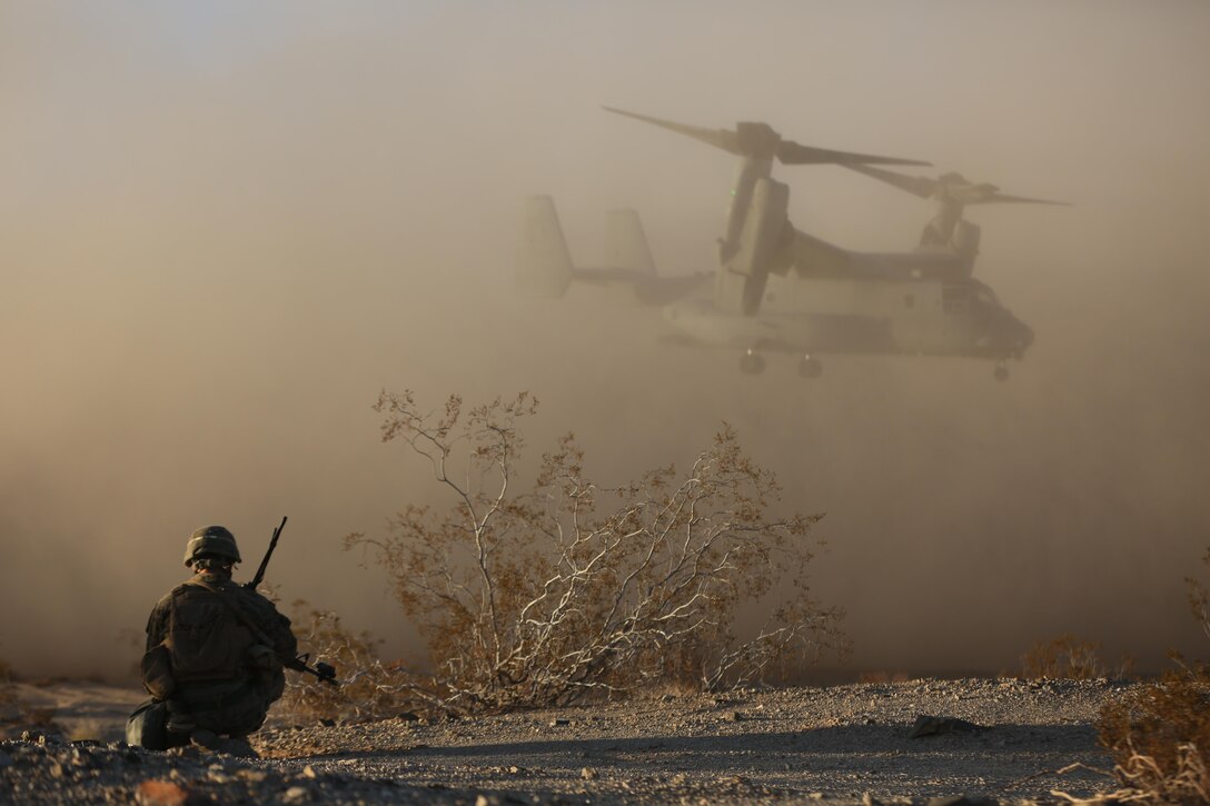 First Lt. Joseph Carroll, Company I Executive Officer, 3rd Battalion, 7th Marine Regiment, a native of Norwood, Mass. looks on as an MV-22B ‘Osprey’ takes off during an air assault on a Military Operation on Urbanized Terrain town during the Marine Corps Combat Readiness Evaluation Exercise, Jan.16, 2015. The exercise tested each company of 3/7 on their ability to perform offensive operations. (Official Marine Corps Photo by Lance Cpl. Julio McGraw/Released)