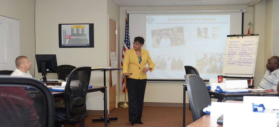 Robin Gray, program manager/facilitator, Transition Assistance Program, Marine Corps Community Services, Marine Corps Logistics Base Albany, facilitates a session for active-duty service members, who are preparing to separate from the military. The five-day Transition Readiness Seminar was held at MCLB Albany, recently.