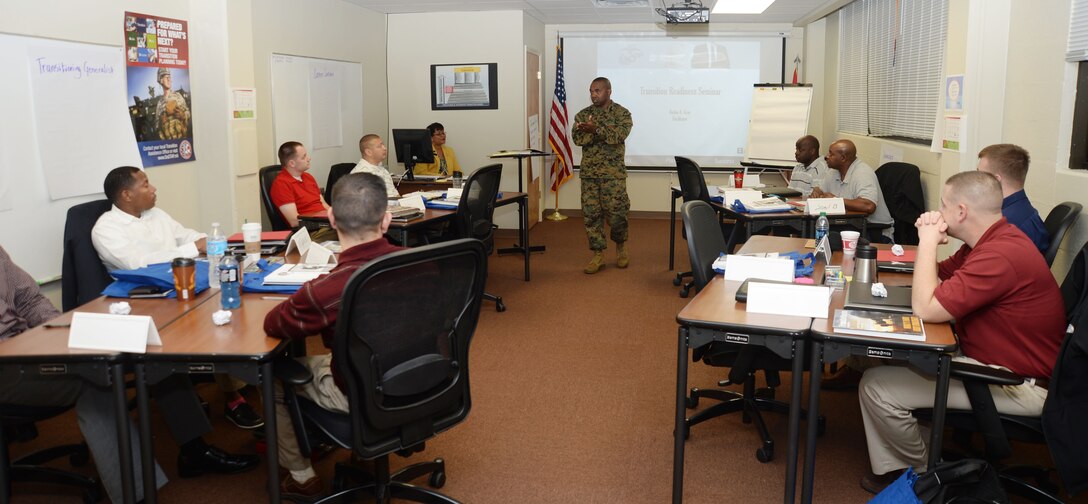 During a weeklong Transition Readiness Seminar, Sgt. Maj. Kenneth V. Agee, sergeant major, Marine Corps Logistics Base Albany, welcomes service members to the installation and thanks them for their service. Agee shared information relevant to the transitioning active-duty members at the seminar, which was held at the base, recently.