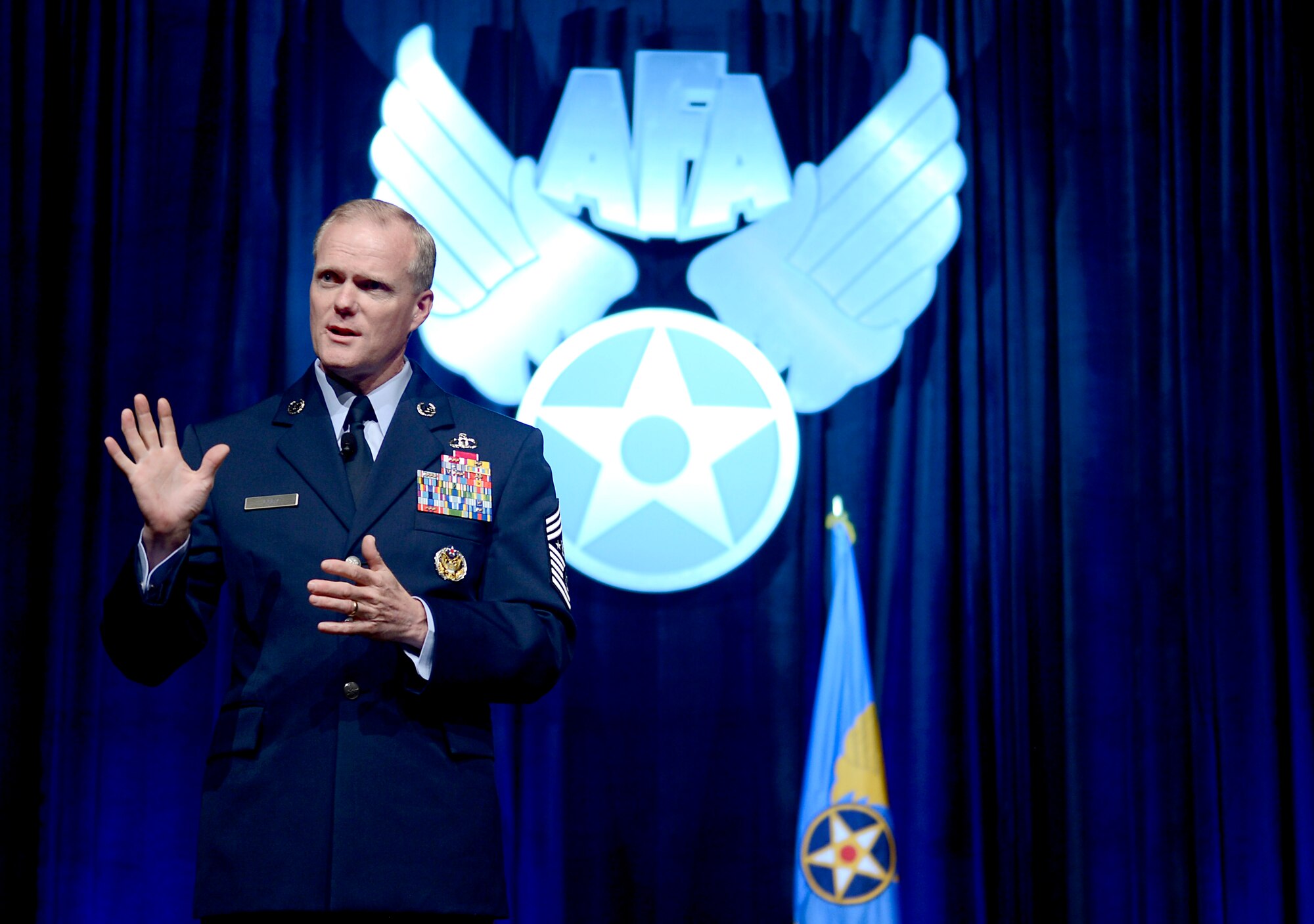 Chief Master Sgt. of the Air Force James A. Cody delivers his "Enlisted Perspective" at the Air Force Association's annual Air Warfare Symposium and Technology Exposition, Feb. 12, 2015, in Orlando, Fla. Cody focused on key areas such as enlisted development, resiliency for Airmen and their families, and innovation. (U.S. Air Force photo/Scott M. Ash)