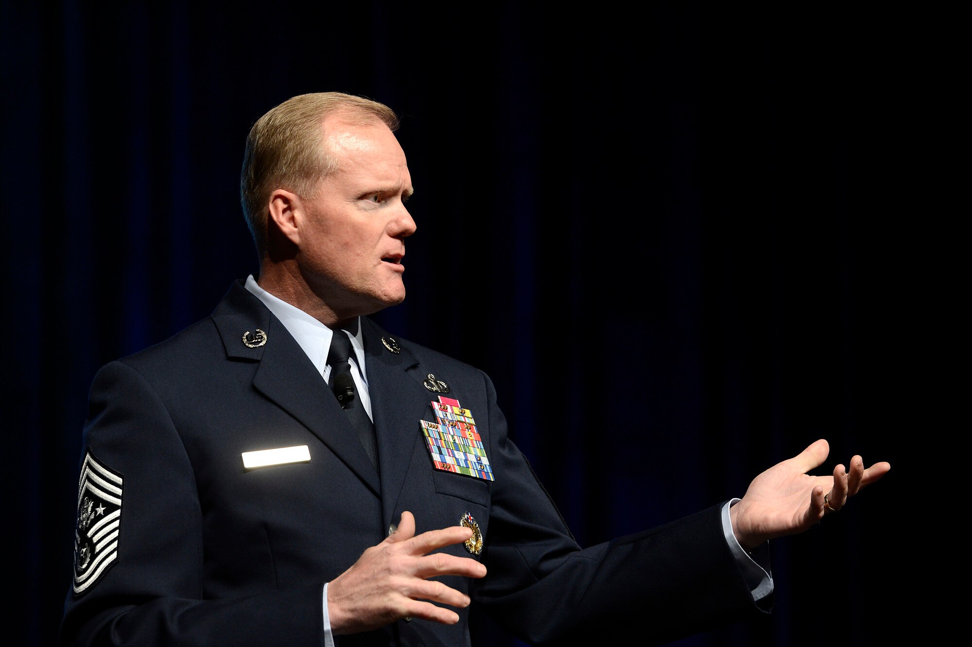 Chief Master Sgt. of the Air Force James A. Cody delivers his "Enlisted Perspective" at the Air Force Association's annual Air Warfare Symposium and Technology Exposition, Feb. 12, 2015, in Orlando, Fla. Cody focused on key areas such as enlisted development, resiliency for Airmen and their families, and innovation. (U.S. Air Force photo/Scott M. Ash)