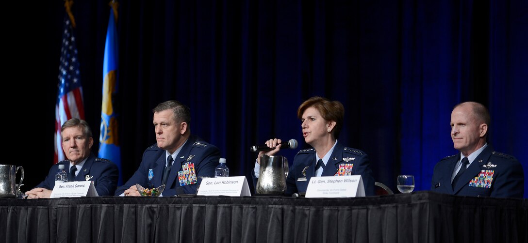 Gen. Lori J. Robinson provides the Pacific region's perspective during a panel discussion on Combat Air Forces at the Air Force Association's annual Air Warfare Symposium and Technology Exposition Feb. 12, 2015, in Orlando, Fla. Robinson, the Pacific Air Forces Command commander, shared the panel with Air Combat Command commander Gen. Hawk Carlisle, U.S. Air Forces in Europe-Air Forces Africa commander Gen. Frank Gorenc, and Global Strike Command commander Lt. Gen. Stephen Wilson. (U.S. Air Force photo/Scott M. Ash) 