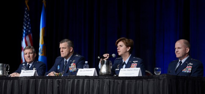 Gen. Lori J. Robinson provides the Pacific region's perspective during a panel discussion on Combat Air Forces at the Air Force Association's annual Air Warfare Symposium and Technology Exposition Feb. 12, 2015, in Orlando, Fla. Robinson, the Pacific Air Forces Command commander, shared the panel with Air Combat Command commander Gen. Hawk Carlisle, U.S. Air Forces in Europe-Air Forces Africa commander Gen. Frank Gorenc, and Global Strike Command commander Lt. Gen. Stephen Wilson. (U.S. Air Force photo/Scott M. Ash) 