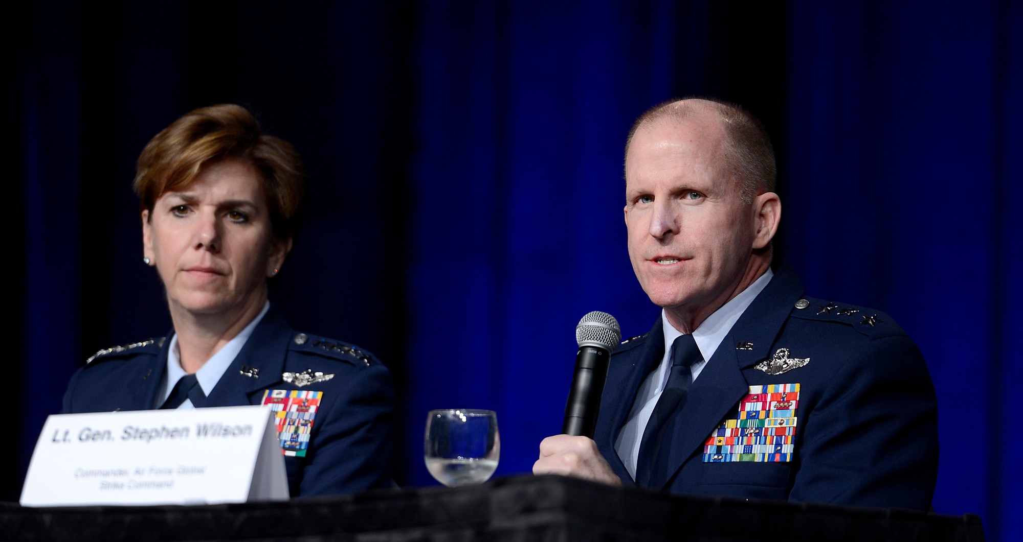 Lt. Gen. Stephen Wilson responds to a question from the audience during a panel discussion on Combat Air Forces at the Air Force Association's annual Air Warfare Symposium and Technology Exposition Feb. 12, 2015, in Orlando, Fla.  Wilson, the Global Strike Command commander, shared the panel with Air Combat Command commander Gen. Hawk Carlisle, U.S. Air Forces in Europe commander Gen. Frank Gorenc, and Pacific Air Forces Command commander Gen. Lori J. Robinson. (U.S. Air Force photo/Scott M. Ash)