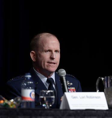 Lt. Gen. Stephen Wilson responds to a question from the audience during a panel discussion on Combat Air Forces at the Air Force Association's annual Air Warfare Symposium and Technology Exposition Feb. 12, 2015, in Orlando, Fla. Wilson, the Global Strike Command commander, shared the panel with Air Combat Command commander Gen. Hawk Carlisle, U.S. Air Forces in Europe commander Gen. Frank Gorenc, and Pacific Air Forces Command commander Gen. Lori J. Robinson. (U.S. Air Force photo/Scott M. Ash) 