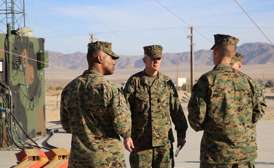 Lt. Gen. David H. Berger, commanding general, I Marine Expeditionary Force talks to Marines of Marine Wing Support Squadron 374 about the functionality of their unit during his visit to the Combat Center, Feb. 5, 2015. (Official Marine Corps photo by Lance Cpl. Medina Ayala-Lo/Released)