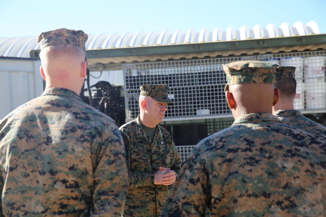 Lt. Gen. David H. Berger, commanding general, I Marine Expeditionary Force talks to Marines of Marine Wing Support Squadron 374 during his visit to the Combat Center, Feb. 5, 2015. Berger spoke to the Marines about their jobs and thanked them for all the hard work they’ve been doing. (Official Marine Corps photo by Lance Cpl. Medina Ayala-Lo/Released)