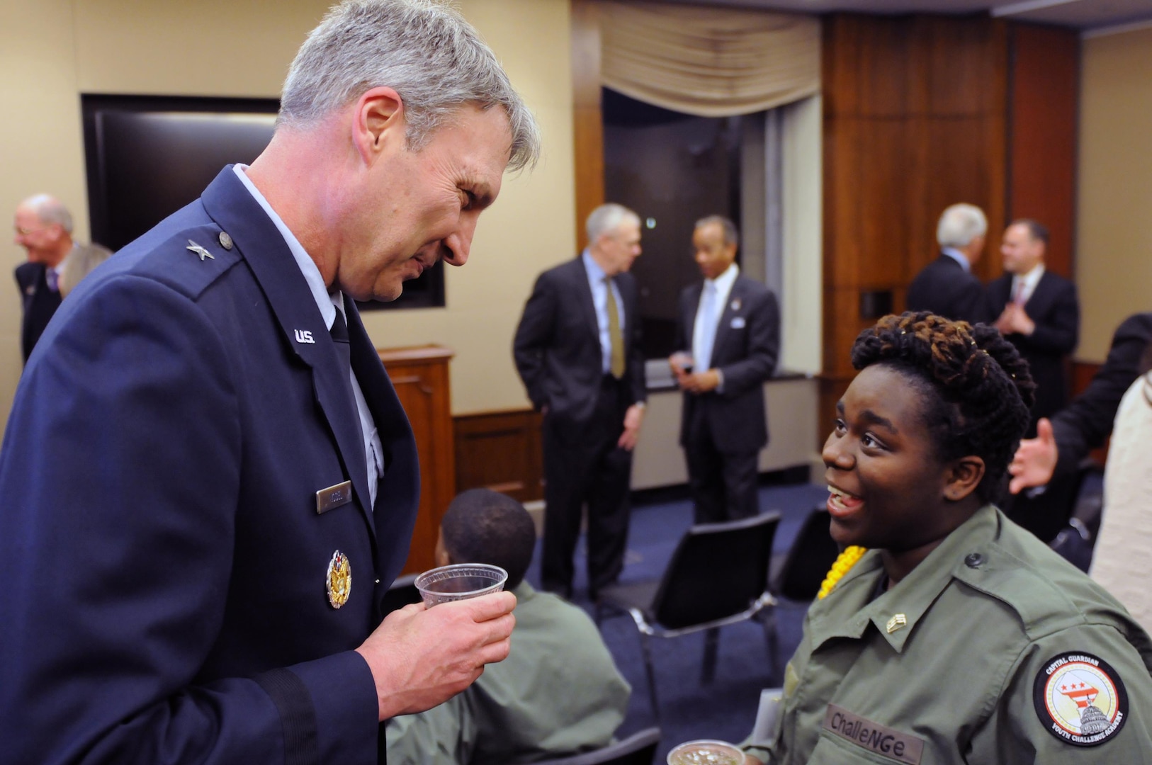 Army Gen. Frank Grass, chief, National Guard Bureau, joins other National Guard leaders, including former chiefs, and civilian appointed and elected leaders for an evening with cadets from the Capital Guardian Youth ChalleNGe Academy, Washington, D.C., Feb. 10, 2015. More than 130,000 young people have received a second chance thanks to the National Guard's Youth ChalleNGe Program, which has 35 academies in 27 states, D.C. and Puerto Rico. (U.S. Army National Guard photo by Sgt. 1st Class Jim Greenhill) (Released)