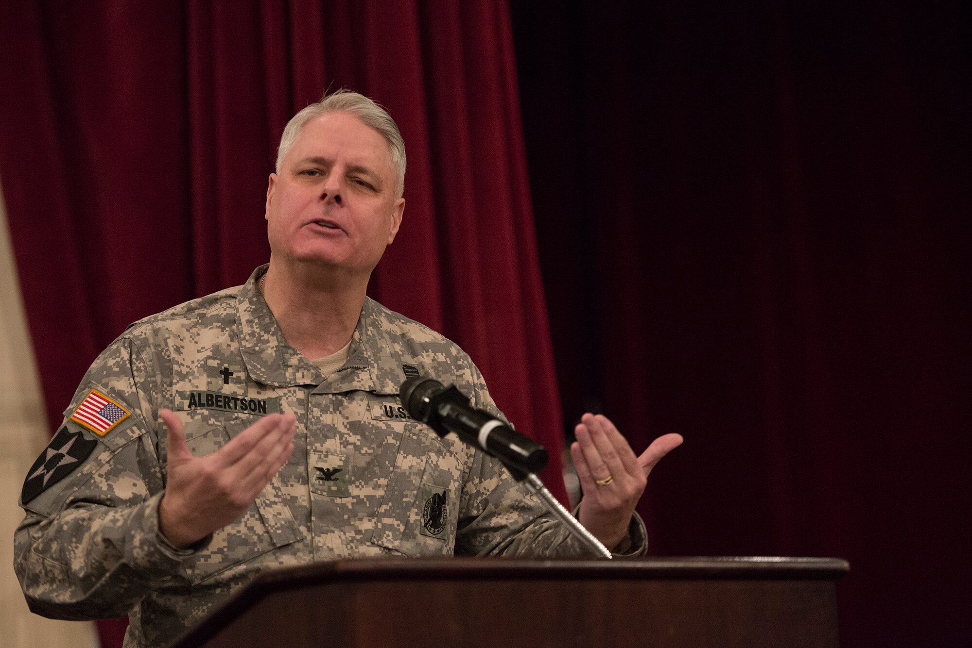 Col. Eric Albertson, United States Forces Korea command chaplain, speaks during the National Prayer Breakfast Feb. 12, 2015, at Osan Air Base, Republic of Korea. Albertson spoke about the importance of integrity in military service, which he described as paramount. (U.S. Air Force photo by Staff Sgt. Jake Barreiro/Released)