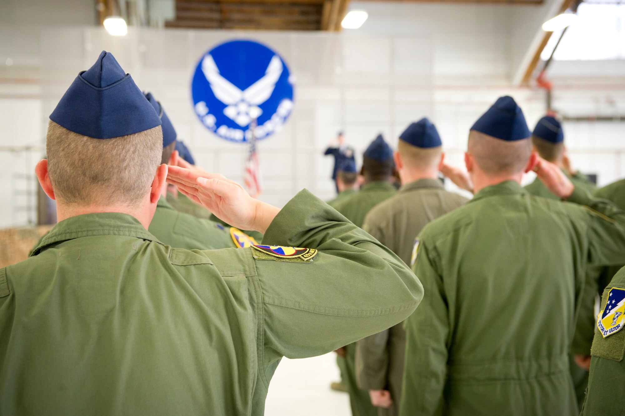 Airmen stand in formation during the 429th Reserve Air Combat Training Squadron change of command Feb. 12, 2015 at Holloman Air Force Base, N.M. The 429 RACTS supports three regular Air Force formal training squadrons at Holloman with MQ-1 Predator and MQ-9 instructor pilots, sensor operators and mission intelligence coordinators. (U.S. Air Force photo by Staff Sgt. Stacy Moless/Released)