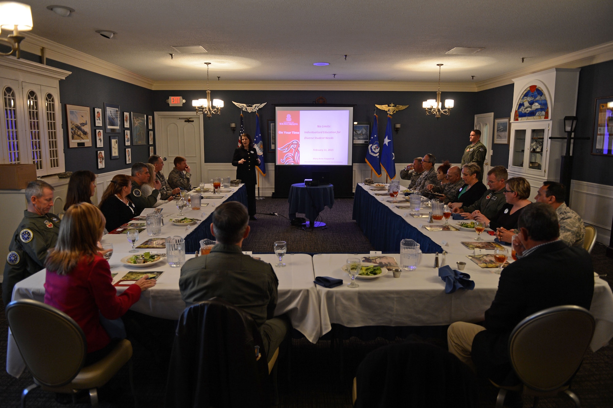 Mary Anne Fitzpatrick, dean of the College of Arts and Sciences at the University of South Carolina, speaks to Ninth Air Force leaders during a senior staff luncheon at Shaw Air Force Base, S.C., Feb. 11, 2015. Hosted by U.S. Air Force Maj. Gen. H. D. Polumbo Jr., Ninth Air Force commander, Fitzpatrick spoke about diversity within USC and the school’s Reserve Officers’ Training Corps. (U.S. Air Force photo by Senior Airman Jensen Stidham/Released) 