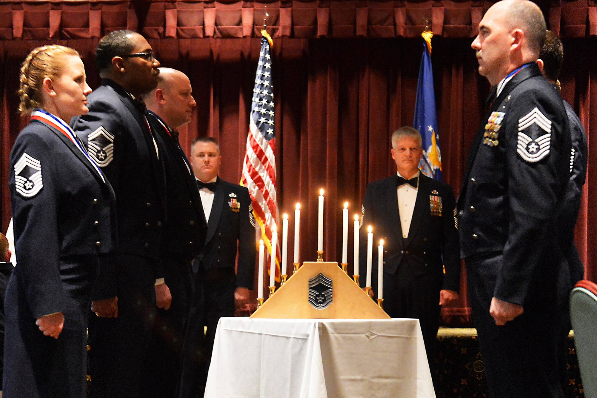 McChord Field’s newest chiefs prepare to take the Chief Master Sergeant oath, Feb. 6, 2015, at Joint Base Lewis-McChord, Wash. Only one percent of all Air Force enlisted personnel can hold the grade of E-9. (U.S. Air Force photo/Senior Airman Rebecca Blossom)