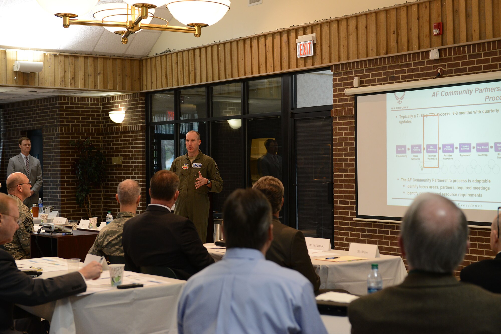 U.S. Air Force Col. Stephen Jost, 20th Fighter Wing commander, speaks to military and community leaders during an Air Force Community Partnership Program meeting at the Swan Lake Visitors Center, Sumter, S.C., Feb. 9, 2015. During the meeting, 17 partnership ideas were presented to consolidate resources between the base and community. (U.S. Air Force photo by Airman 1st Class Diana M. Cossaboom/Released)