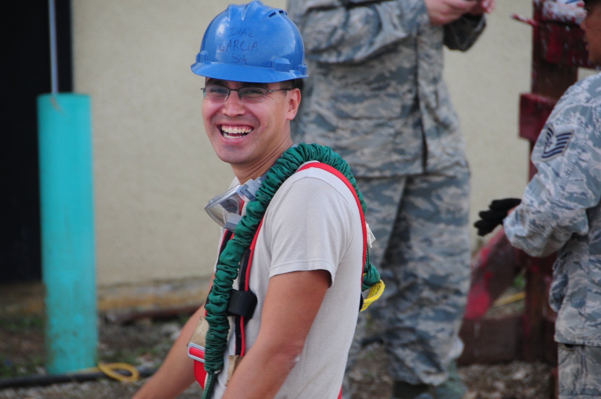 U.S. Air National Guard Senior Airman Guillermo Diaz-Garcia from the 146th Airlift Wing Civil Engineering Squadron works while on TDY in Guam at Andersen Air Force Base on February 9, 2015. (U.S. Air National Guard photo by Airman 1st Class Madeleine Richards/Released) 