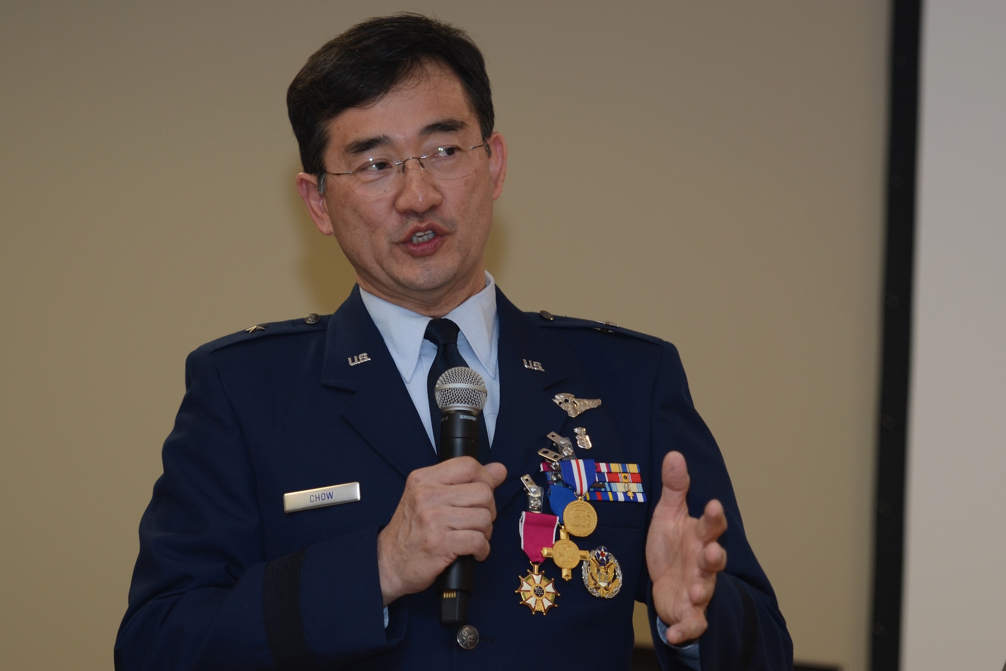 U.S. Air Force Brig. Gen. (Dr.) Jim Chow speaks to an audience of family and friends during his retirement ceremony. The South Carolina Air National Guard and the 169th Fighter Wing at McEntire Joint National Guard Base celebrates Brig. Gen. Chow’s thirty years of service during a retirement ceremony, Feb. 8, 2015. Brig. Gen. Chow served as a flight surgeon for the 169th Fighter Wing and recently as the State Air Surgeon and Assistant to the Director of the Air National Guard.  (U.S. Air National Guard photo by Senior Master Sgt. Edward Snyder/Released)
