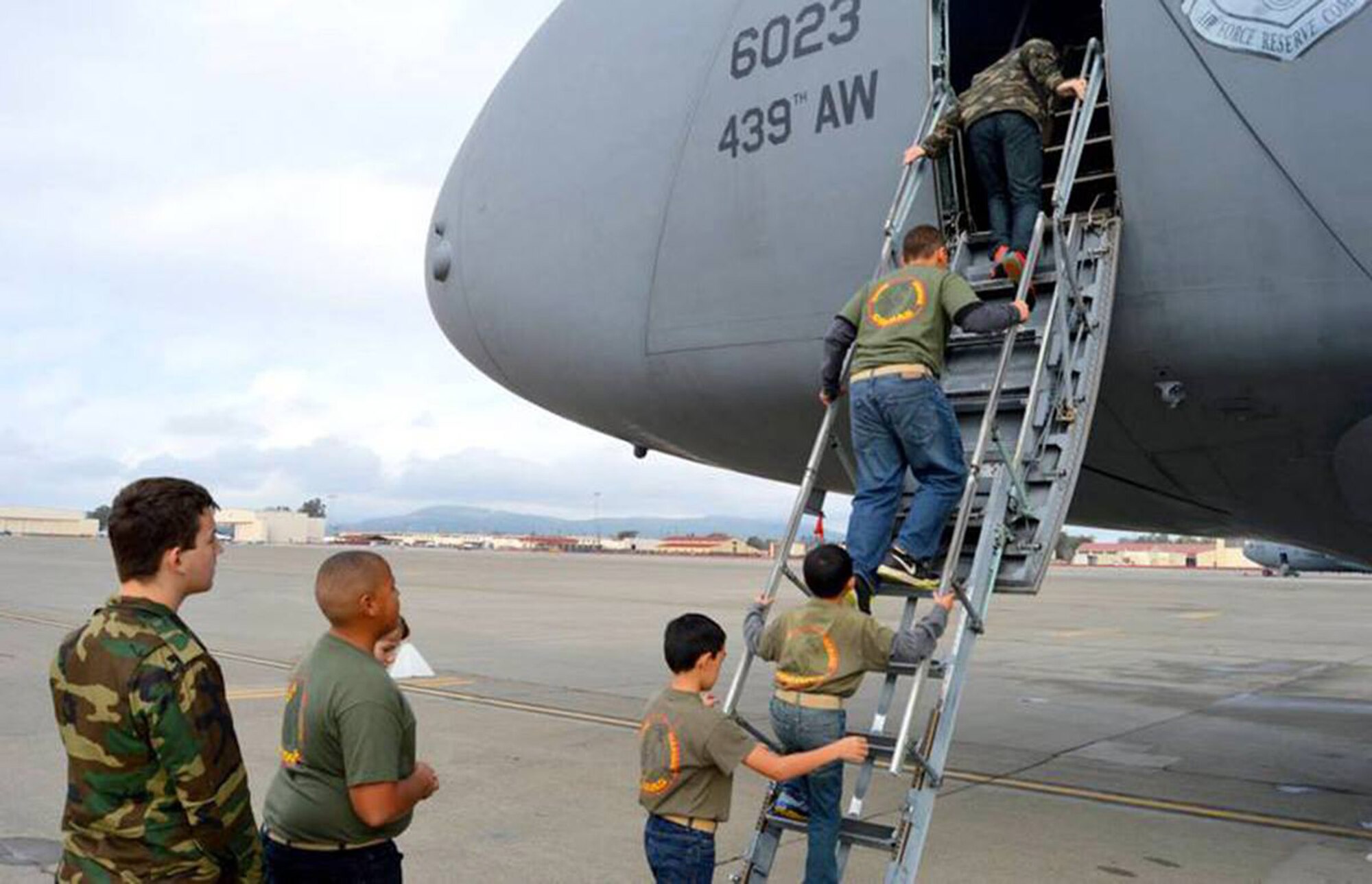 TRAVIS AIR FORCE BASE, Calif. -- Members of the Young Marines board a C-5 Galaxy cargo aircraft during their Feb. 7, 2015 visit to Travis Air Force Base, Calif. (U.S. Air Force photo/Staff Sgt. Tania McGuire) 