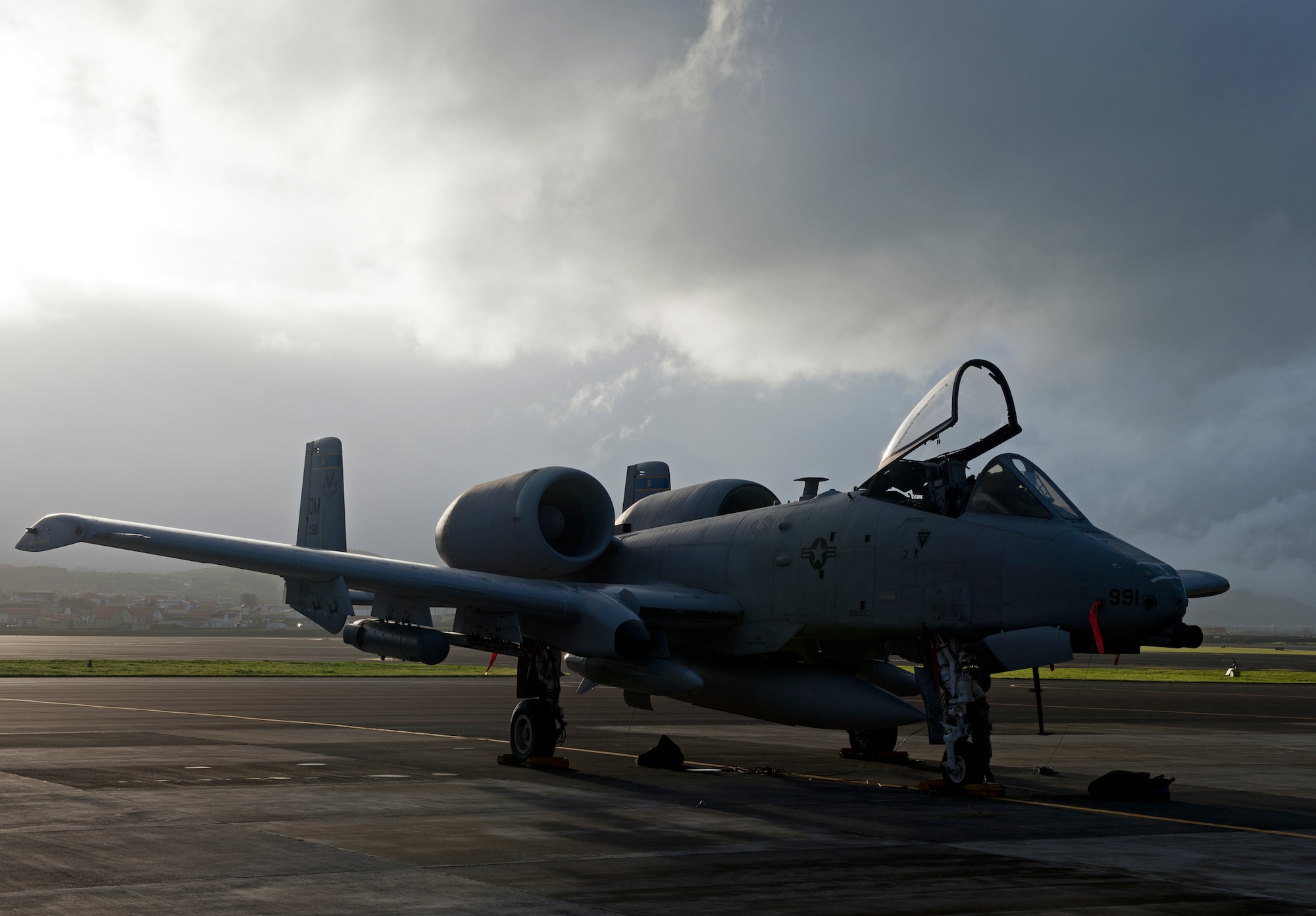 An A-10 Thunderbolt II sits on the flight line at Lajes Field, Azores, Portugal, Feb. 11, 2015. The A-10s are being deployed as part of a Theater Security Package in support of Operation Atlantic Resolve. While deployed they will conduct training alongside our NATO allies to strengthen interoperability and to demonstrate U.S. commitment to the security and stability of Europe. The A-10s and Airmen are deploying from the 355th Fighter Wing, Davis-Monthan AFB, Ariz.  (U.S. Air Force photo/Staff Sgt. Zachary Wolf)