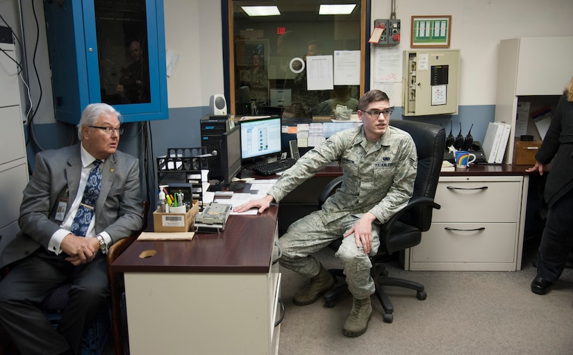 JOINT BASE CHARLESTON, S.C. – Senior Airman Michael Johnson, 628th Logistics Readiness Squadron fuels accountant, explains the administrative side of fueling aircraft during a tour for community leaders Feb. 11, 2015, at Joint Base Charleston, S.C. The tour exposed the leaders to the important contributions of Charleston’s Nighttime Warriors. LRS’s Fuels Management Flight operates 24 hours a day, seven days a week, 365 days a year to support Charleston’s military operations. (U.S. Air Force Photo/Capt. Christopher Love)