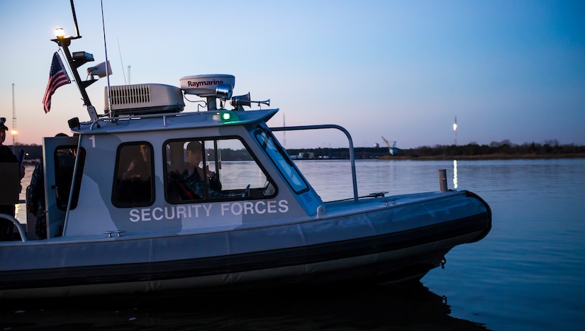 A 628th Security Forces Squadron patrol boat sits idle Feb. 11, 2015, at Dock Charlie on Joint Base Charleston – Weapons Station, S.C. The Defenders patrol miles of shoreline using their high-speed, high-maneuverability boats, both day and night. (U.S. Air Force photo/Airman 1st Class Clayton Cupit)