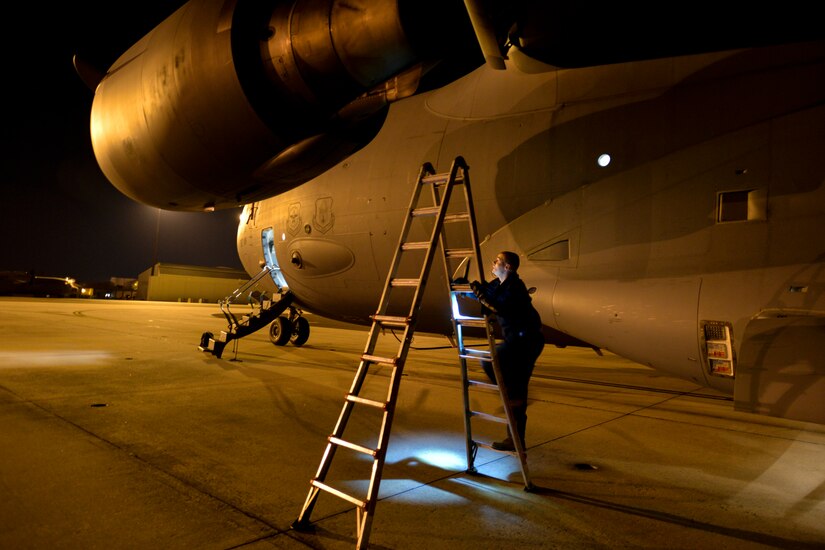 Staff Sgt. Brandon Marti, a crew chief with the 437th Aircraft Maintenance Squadron, checks the intake exhaust on the C-17 Globemaster III during a routine inspection at Joint Base Charleston, S.C., 2015. Every time an inspection is performed, both pre-flight and post-flight, the intake exhausts are inspected for damage. These inspections occur around the clock. (U.S. Air Force photo/Tech. Sgt. Renae Pittman)