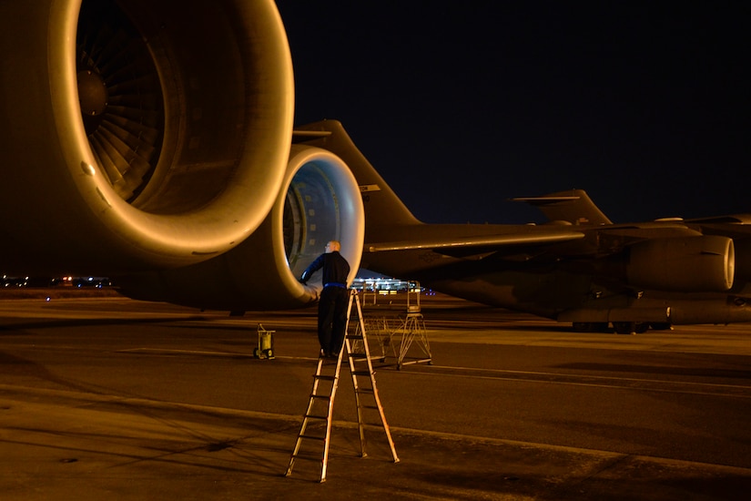 Staff Sgt. Brandon Marti, a crew chief with the 437th Aircraft Maintenance Squadron, checks the intake exhaust on the C-17 Globemaster III during a routine inspection at Joint Base Charleston, S.C., 2015. Every time an inspection is performed, both pre-flight and post-flight, the intake exhausts are inspected to ensure there isn't any damage. These inspections are performed around the clock to ensure the fleet is fully operational for the next mission. (U.S. Air Force photo/Tech. Sgt. Renae Pittman)