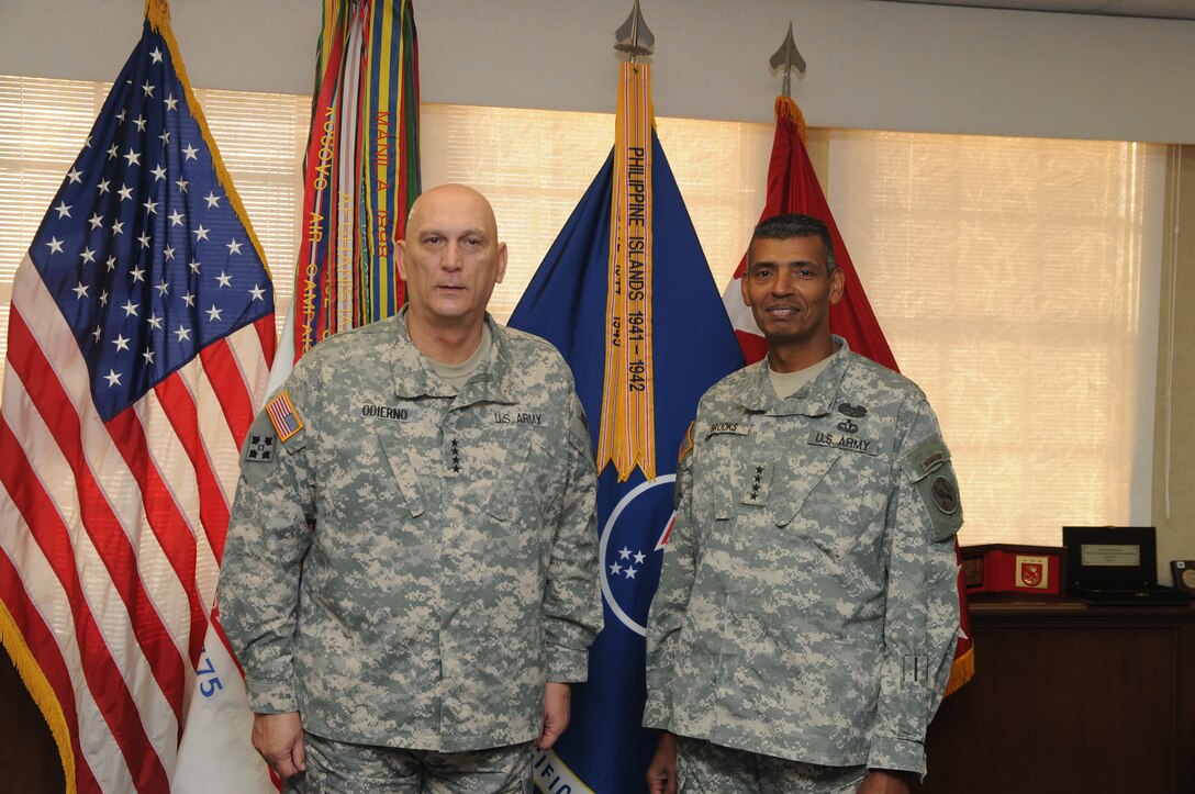 Army Chief of Staff Gen. Ray Odierno, left, and Army Gen. Vincent K. Brooks, U.S. Army Pacific commanding general, pose at the end of the visit for a photo in Brooks' office on Fort Shafter, Hawaii, Feb. 11, 2015.