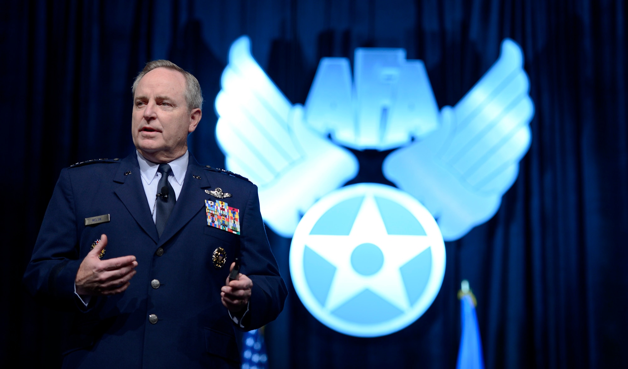 Air Force Chief of Staff Gen. Mark A. Welsh III delivers his 'Air Force Update' to attendees of the Air Force Association's annual Air Warfare Symposium and Technology Exposition Feb. 12, 2015, in Orlando, Fla. One of Welsh's points was that we need to continue on a path of innovation.  (U.S. Air Force photo/Scott M. Ash)