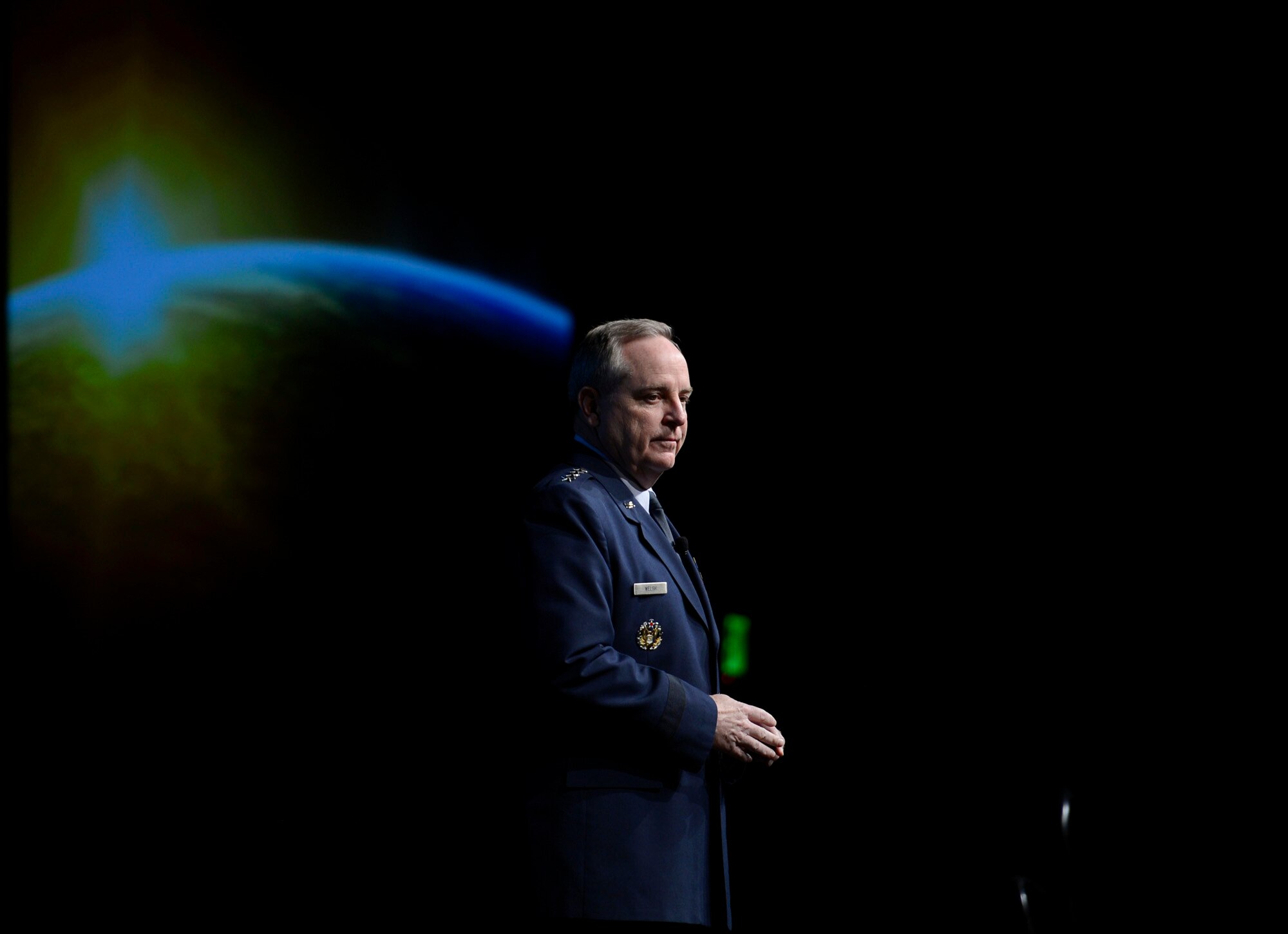 Air Force Chief of Staff Gen. Mark A. Welsh III delivers his 'Air Force Update' to attendees of the Air Force Association's annual Air Warfare Symposium and Technology Exposition Feb. 12, 2015, in Orlando, Fla. One of Welsh's points was that we need to continue on a path of innovation. (U.S. Air Force photo/Scott M. Ash)