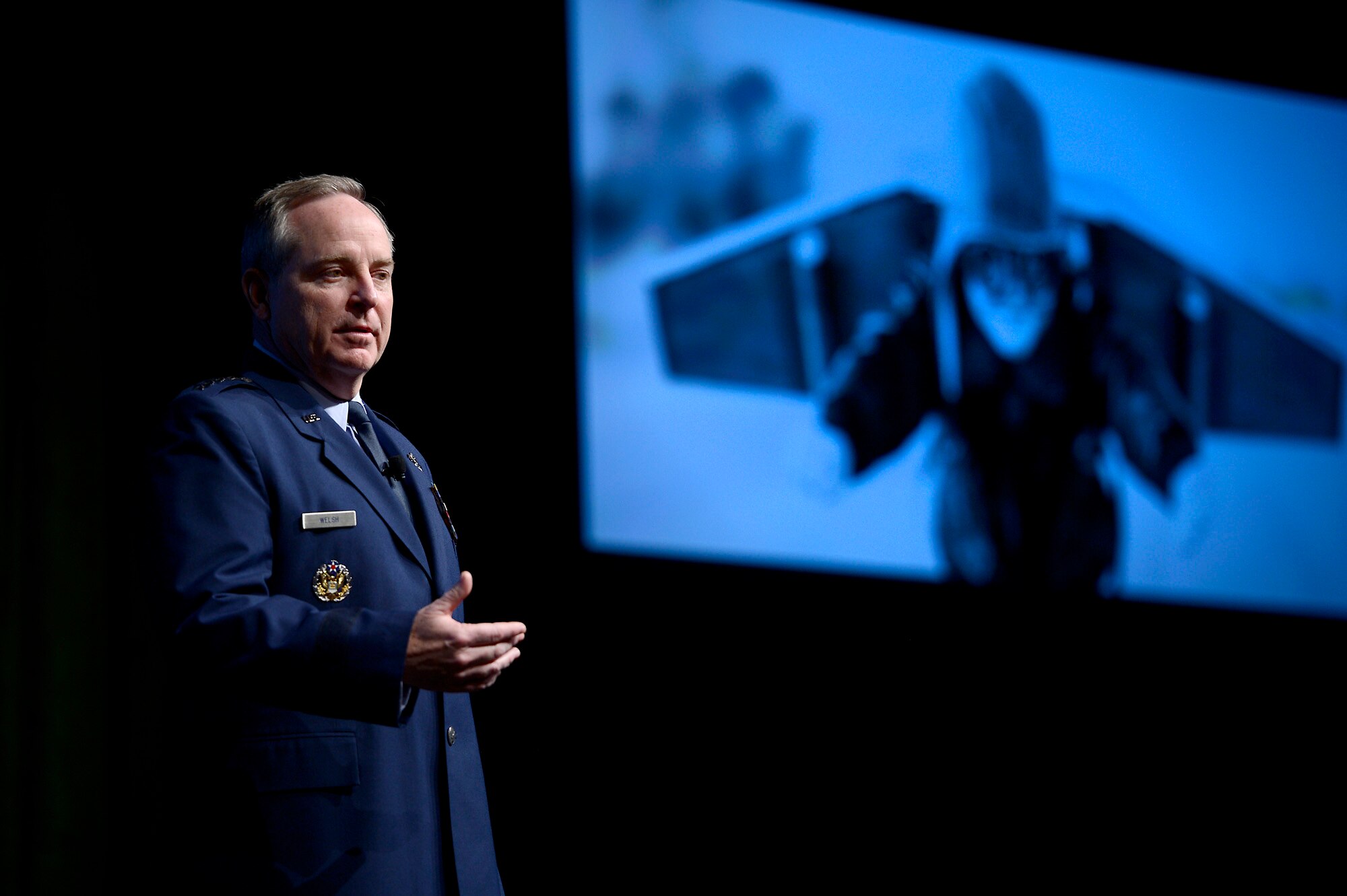 Air Force Chief of Staff Gen. Mark A. Welsh III delivers his 'Air Force Update' to attendees of the Air Force Association's annual Air Warfare Symposium and Technology Exposition Feb. 12, 2015, in Orlando, Fla. One of Welsh's points was that we need to continue on a path of innovation. (U.S. Air Force photo/Scott M. Ash)