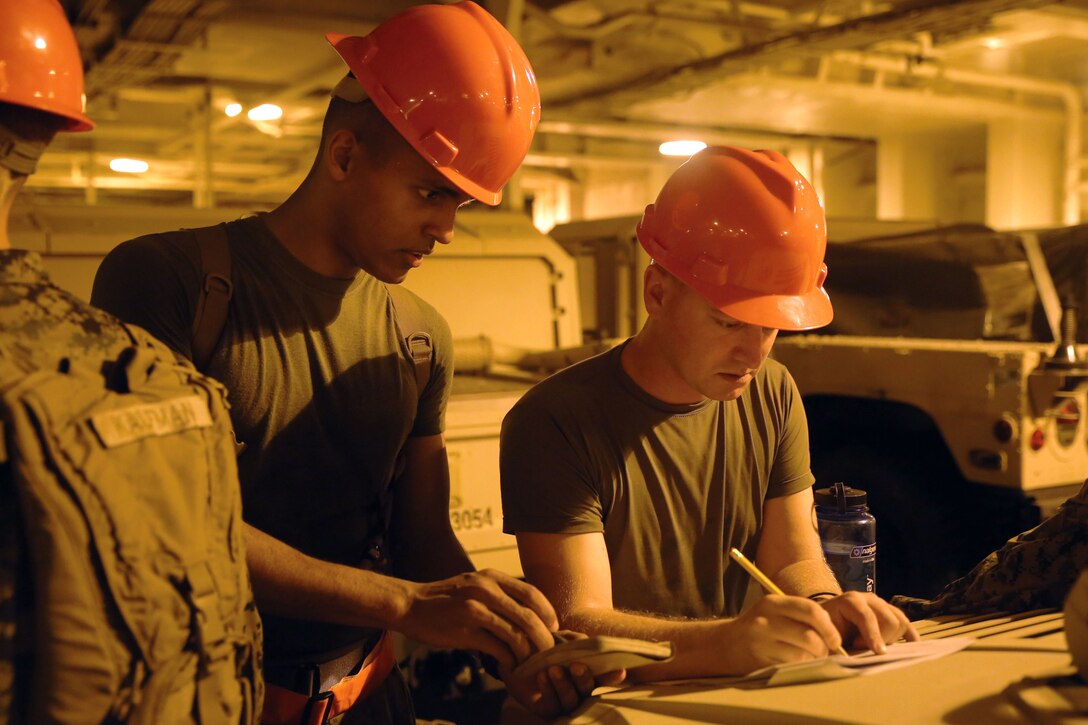 Lance Cpl. Richard Colon-Gaud, left, gives truck numbers to Sgt. Alex W. St. Clair with the Offload Preparation Party aboard the Maritime Prepositioning Force ship, USNS Pililaau, Feb. 2. The Marines with the OPP are tasked to prepare and offload equipment from ship to shore in support of training exercise Cobra Gold 2015, a Thailand /United States co-sponsored, multinational and joint theater security cooperation exercise, conducted annually in the Kingdom of Thailand, with 25 nations participating this year. St. Clair is the motor transportation section leader, and a Lansing, Michigan, native. Colon-Gaud is a motor transportation operator, from Ellenton, Florida. 