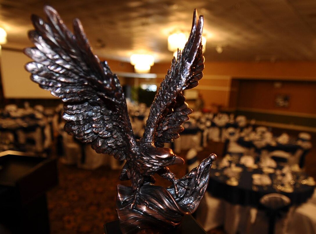 A 14th Flying Training Wing annual award sits upon a stage at Columbus Air Force Base, Mississippi,  Feb. 6. The annual awards ceremony will begin tonight at 6 at the Columbus Club. (U.S. Air Force photo by Airman Daniel Lile)