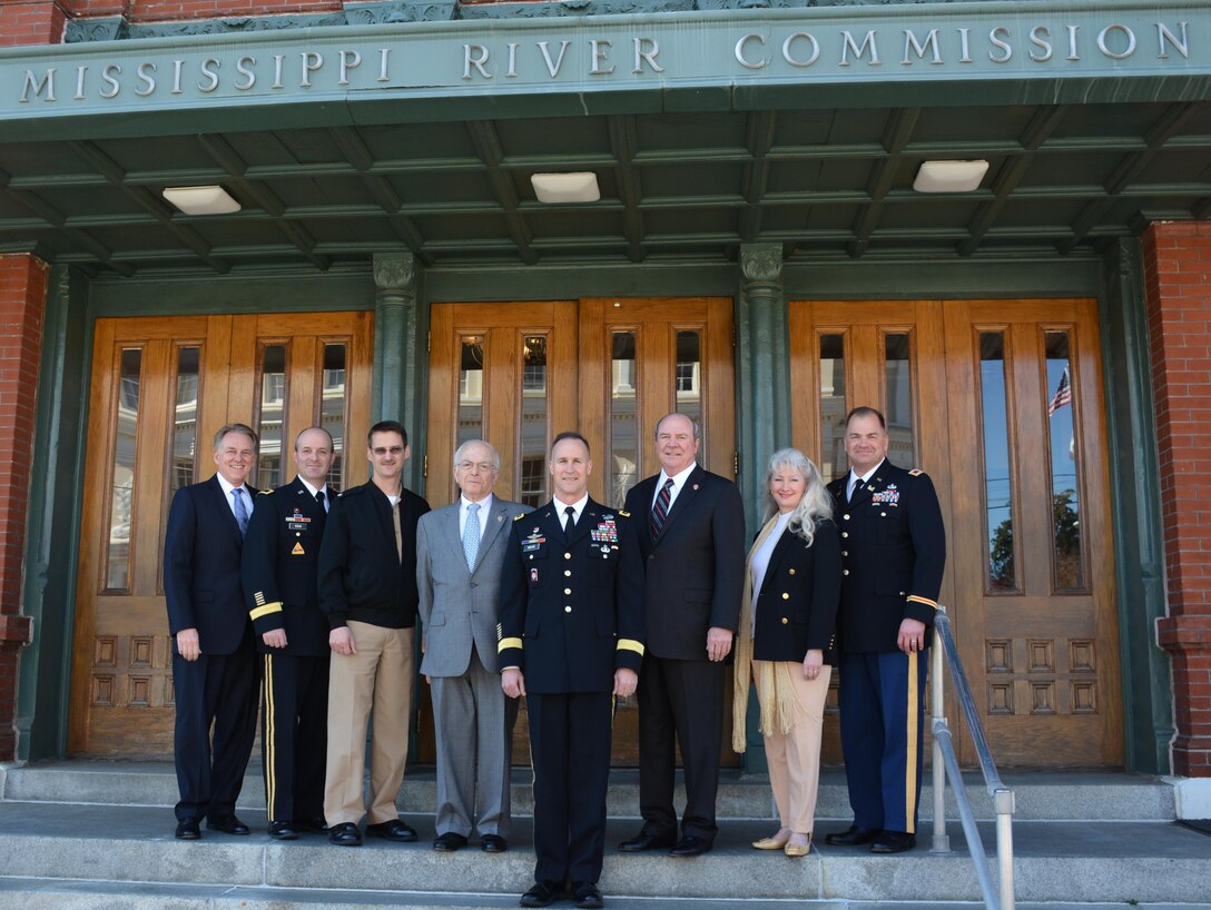 Mississippi River Commission members met in Vicksburg, Miss., Feb. 9, 2015.  Pictured (left to right) are MRC Director Mr. Stephen Gambrell and MRC members Brig. Gen. John S. Kem, Rear Admiral Gerd F. Glang, Honorable Sam E. Angel, MRC President-Nominee Maj. Gen. Michael C. Wehr, Honorable R. D. James, Honorable Norma Jean Mattei, Ph.D. and MRC Secretary Col. Torrey A. DiCiro. (Photo by Alfred Dulaney)