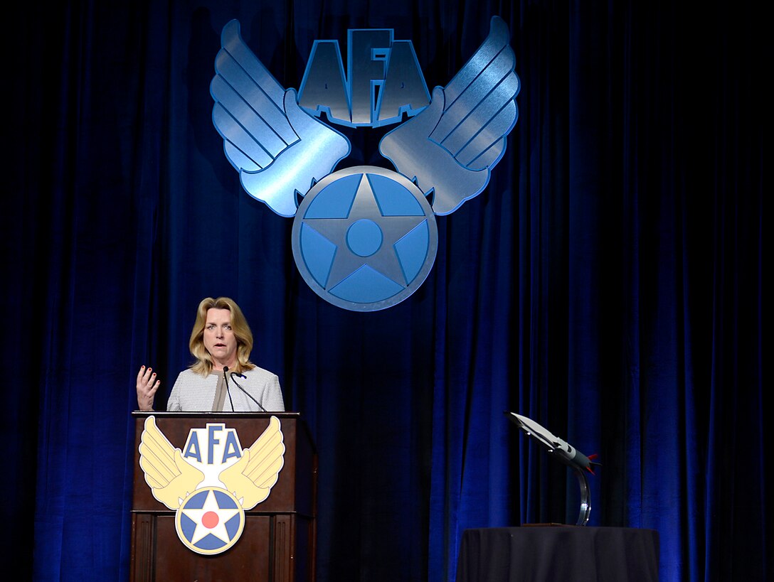 Secretary of the Air Force Deborah Lee James delivers her "State of the Force" keynote speech at the Air Force Association's annual Air Warfare Symposium and Technology Exposition Feb. 13, 2015, in Orlando, Fla. James spoke about not accepting further budget and force reductions. (U.S. Air Force photo/Scott M. Ash)