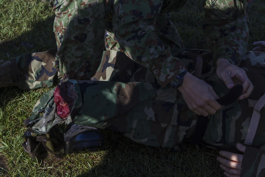 A soldier with the Japan Ground Self-Defense Force practices tactical combat casualty care on a training dummy, aboard Marine Corps Base Camp Pendleton, Calif., Feb. 10, 2015, during Exercise Iron Fist. Exercise Iron Fist is an annual bilateral training exercise between U.S. and Japanese military forces that builds their combined ability to conduct amphibious and land-based contingency operations. (Photo by Lcpl. Danielle Rodrigues/Released)
