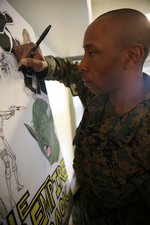 Recruit Titus L. Pannell, Platoon 2106, Echo Company, 2nd Recruit Training Battalion, works on a motivational piece of art for Echo Company at Marine Corps Recruit Depot San Diego, Jan. 31. Pannell is Washington, New Jersey, native and was recruited out of Recruiting Station San Francisco.