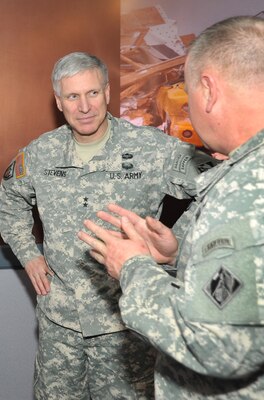 Huntsville Center Commander Col. Robert J. Ruch talks with USACE Deputy Commanding General Maj. Gen. Richard Stevens during the Command Strategic review Feb. 13 at the Center.