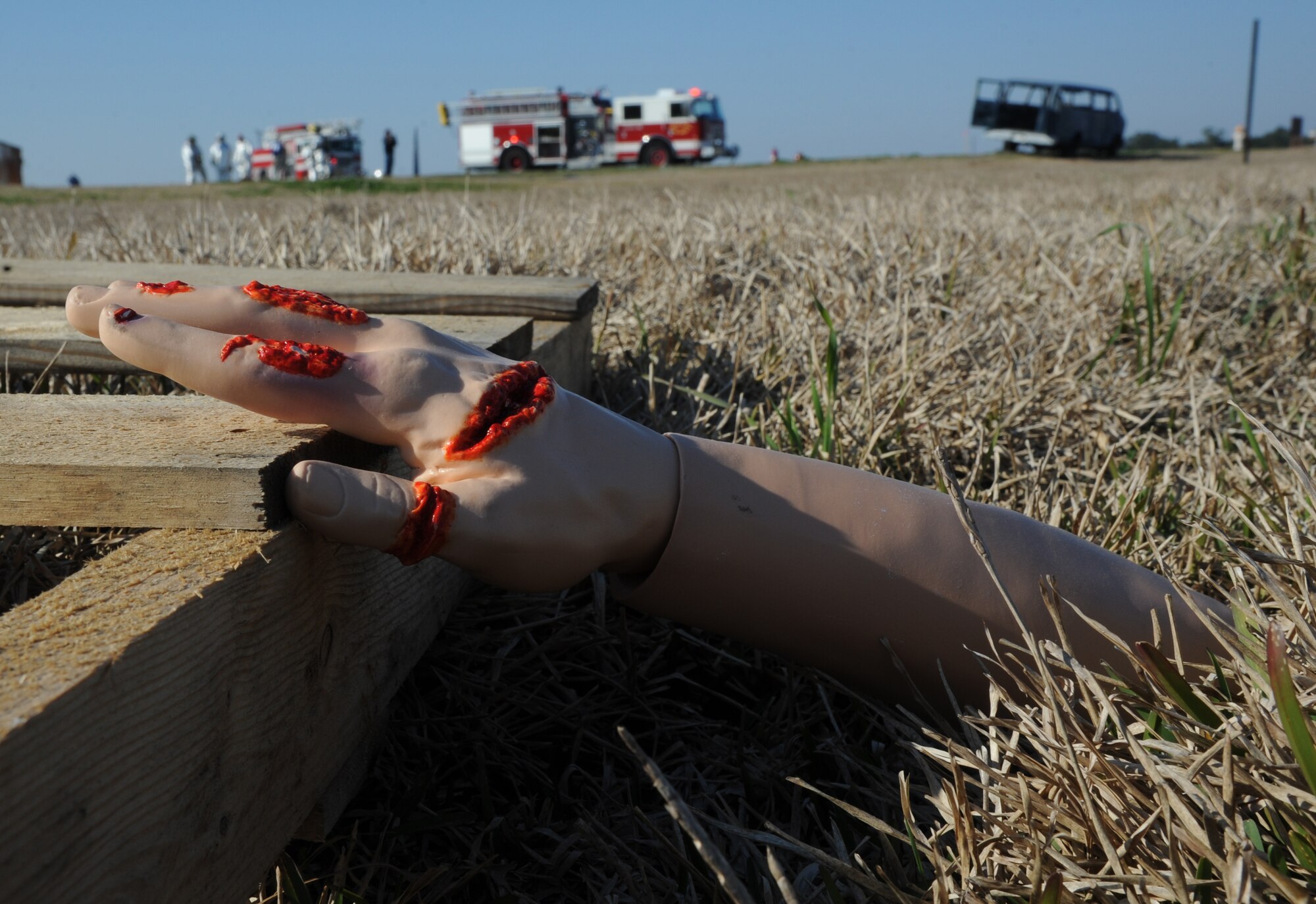Simulated body parts lay in an open field during a major accident response exercise Feb. 12, 2015, on the flight line, Keesler Air Force Base, Miss.  The MARE simulated a C-130J Hercules aircraft crash on base. The exercise was held to test the readiness of Keesler personnel during a major accident.  (U.S. Air Force photo by Kemberly Groue)