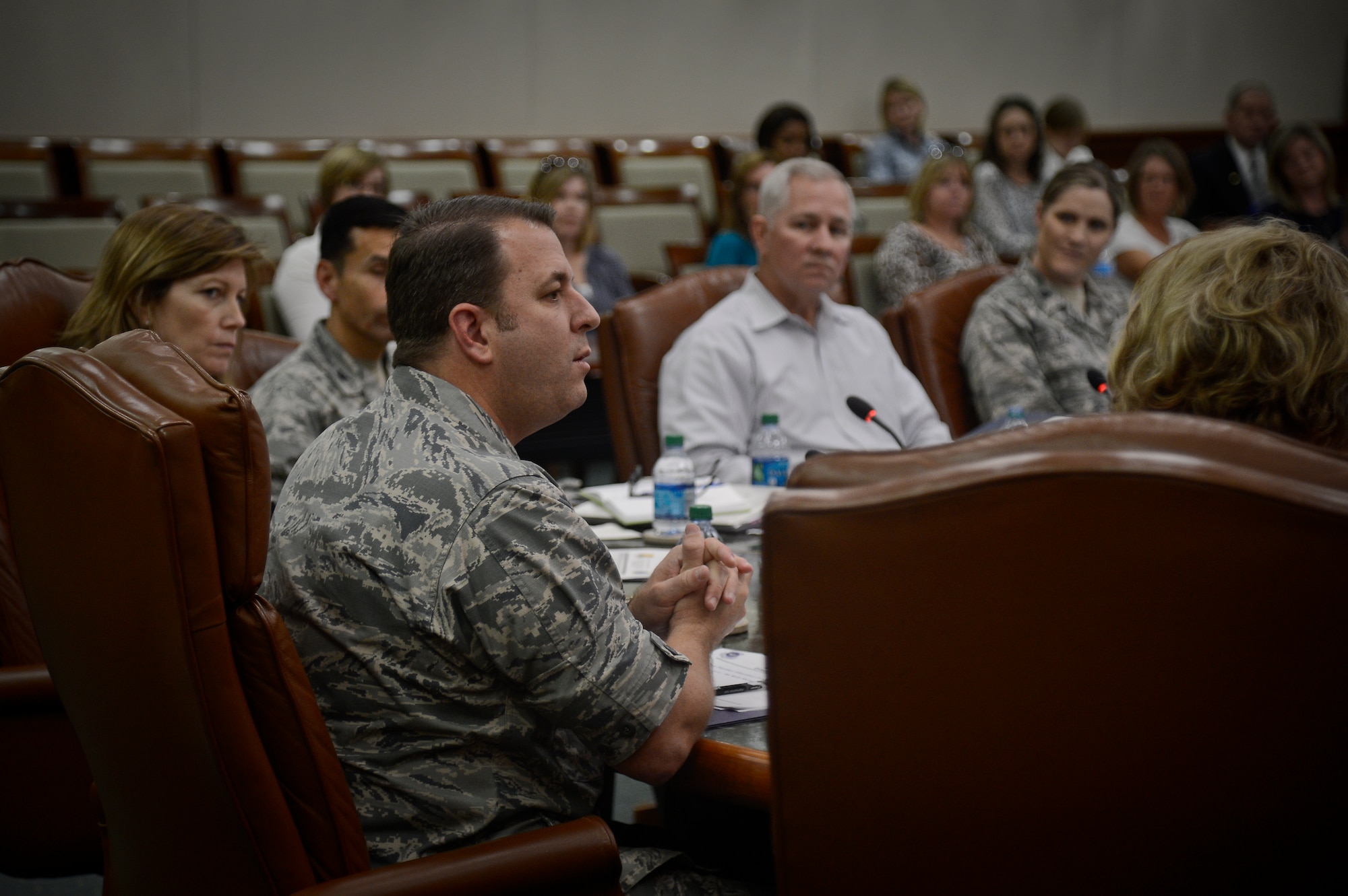 Col. Andre Briere, 6th Air Mobility Wing vice commander, speaks during the MacDill Council for Education Excellence meeting on Jan. 21, 2015, in the Davis Conference Center at MacDill Air Force Base, Fla. Quarterly meetings will continue to be held to allow parents to present their educational concerns to the council. (U.S. Air Force photo by Master Sgt. Larry Carpenter/Released)