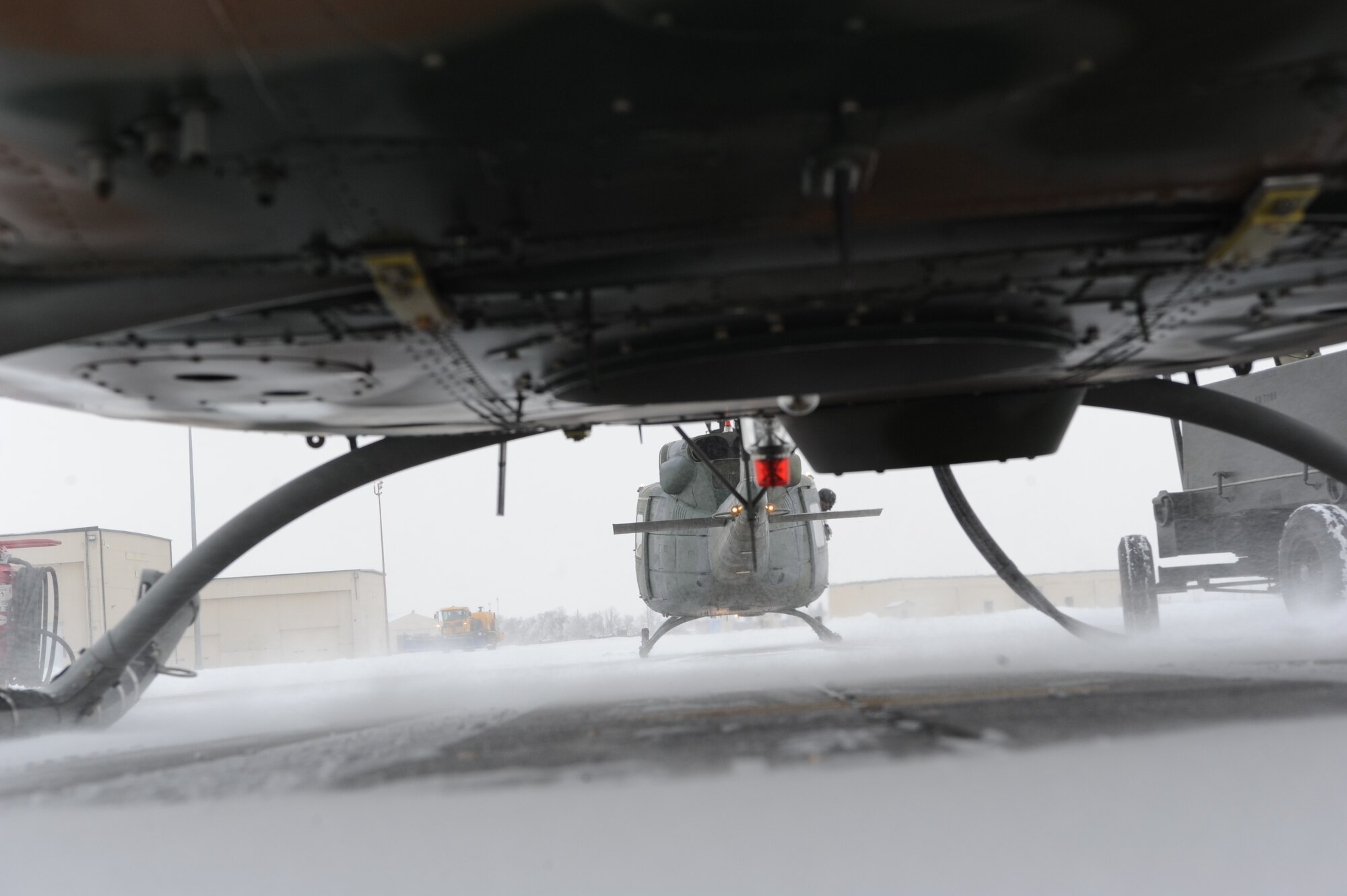 A UH1-N helicopter takes flight on Minot Air Force Base, N.D., Feb. 11, 2015. The 54th Helicopter Squadron currently has eight helicopters in use. (U.S. Air Force photos/Senior Airman Stephanie Morris)