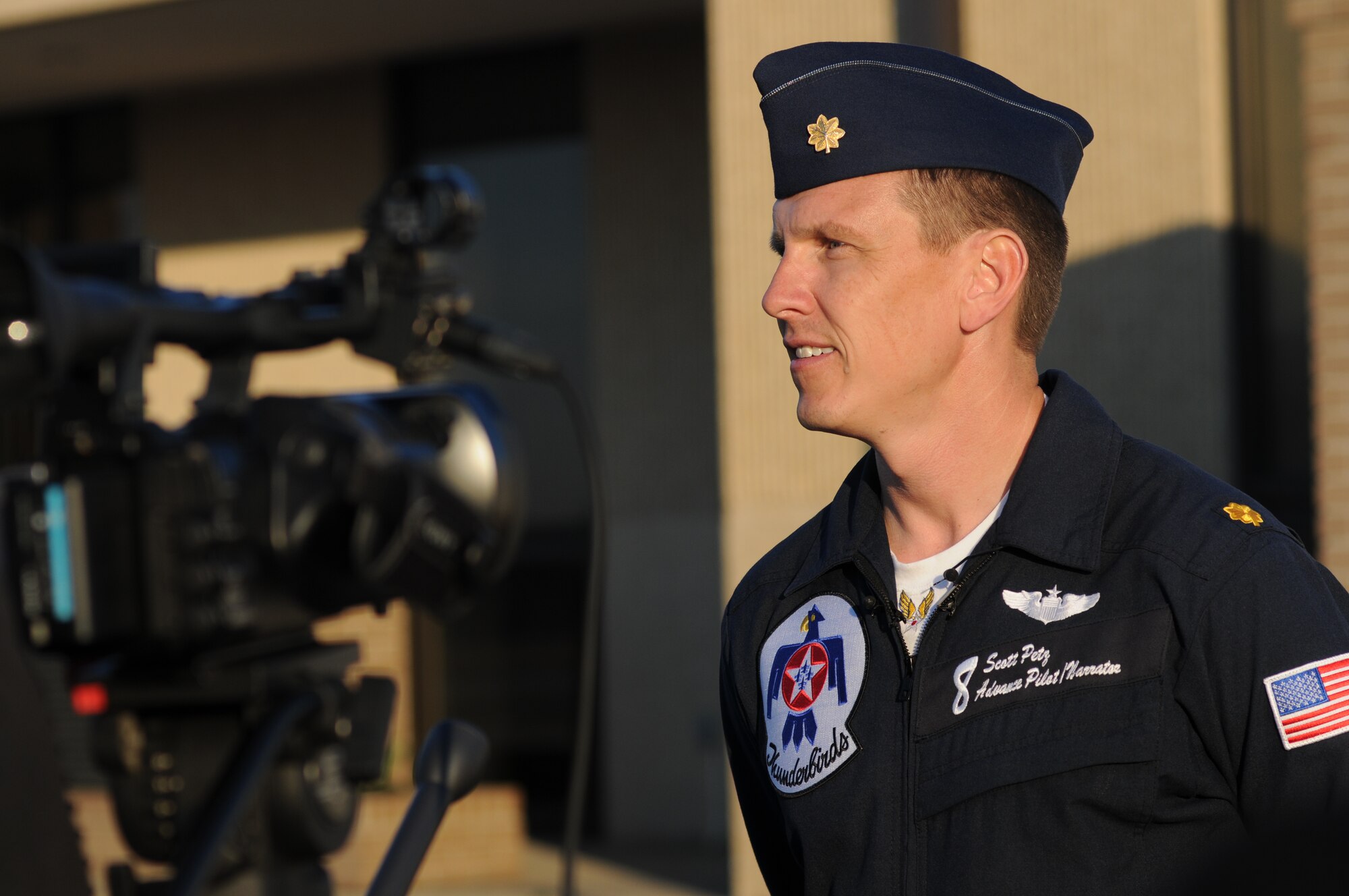 Maj. Scott Petz, U.S. Air Force Thunderbirds advance pilot number 8, addresses local media during a press conference Feb. 11, 2015, on the flight line at Keesler Air Force Base, Miss.  The conference was in conjunction with a site survey visit in preparation for the upcoming Air Show/Open House March 28-29. The Thunderbirds are scheduled to headline the event.  (U.S. Air Force photo by Kemberly Groue)