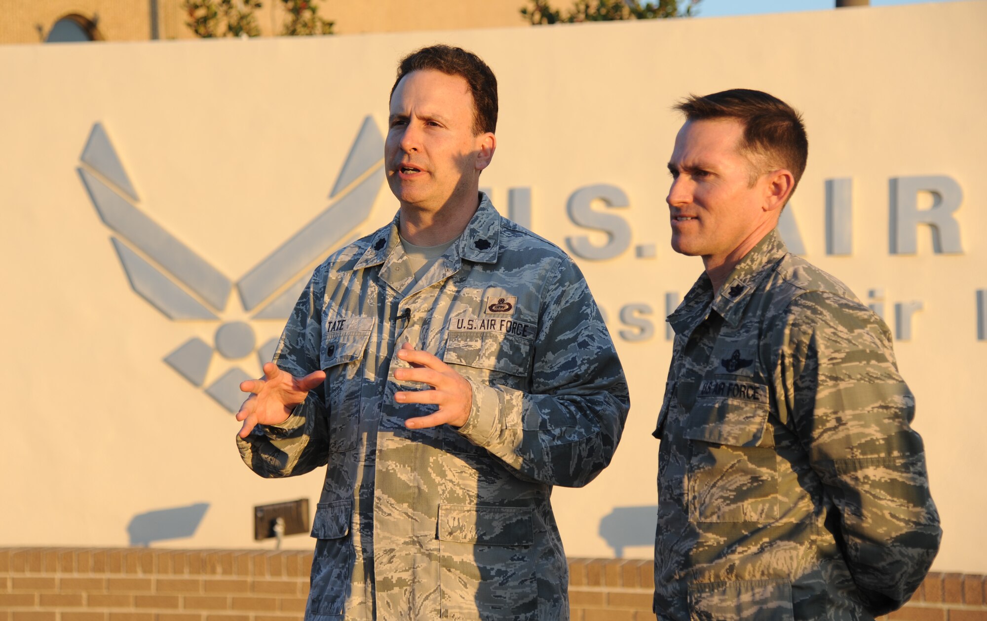 Lt. Col. Kyle Tate, 81st Mission Support Group deputy commander and Air Show co-director, and Lt. Col. Ryan Conner, 81st Training Wing chief of safety and Air Show co-director, addresses local media during a press conference Feb. 11, 2015, on the flight line at Keesler Air Force Base, Miss. The conference was in conjunction with the U.S. Air Force Thunderbirds site survey visit in preparation for the upcoming Air Show/Open House March 28-29. The Thunderbirds are scheduled to headline the event.  (U.S. Air Force photo by Kemberly Groue)