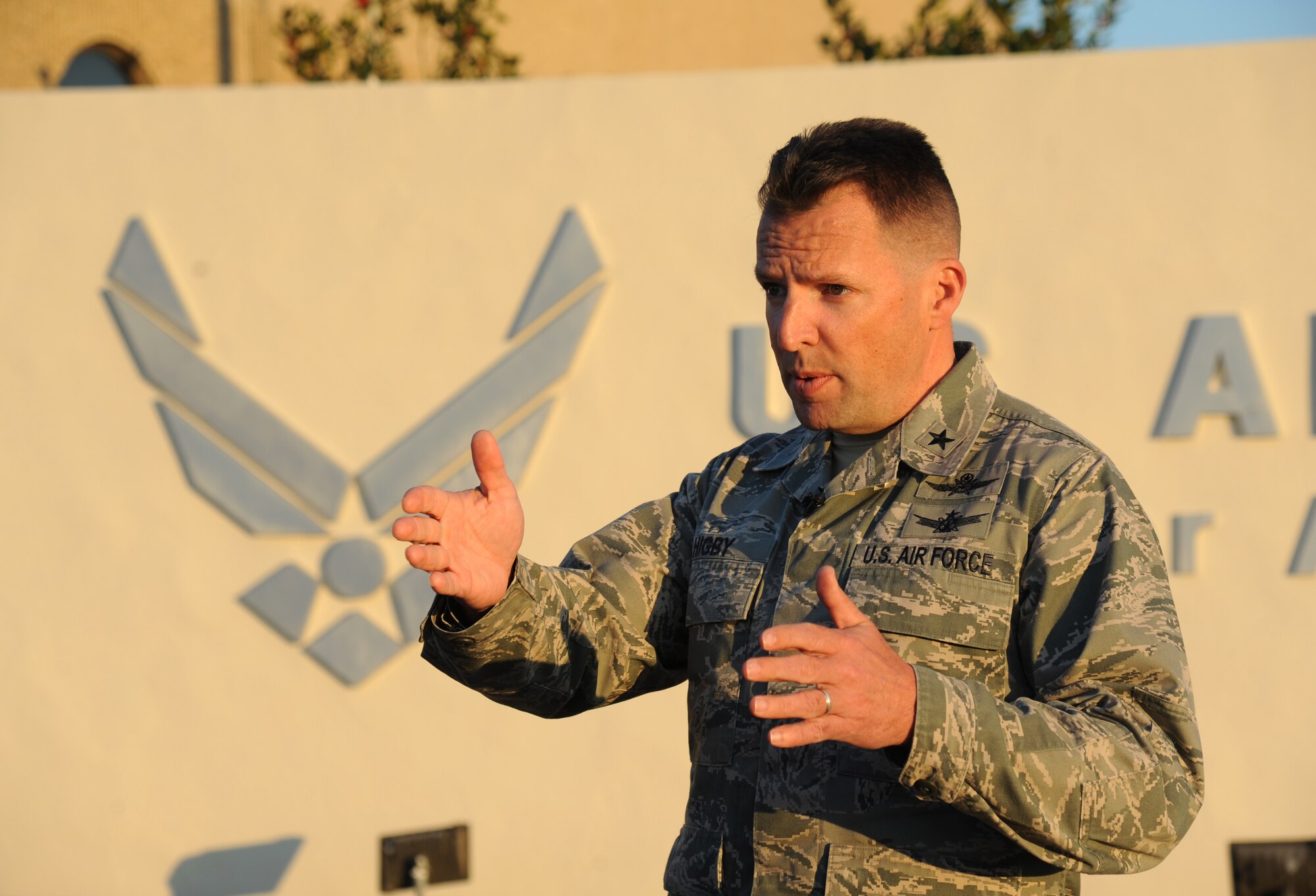Brig. Gen. Patrick Higby, 81st Training Wing commander, addresses local media during a press conference Feb. 11, 2015, on the flight line at Keesler Air Force Base, Miss. The conference was in conjunction with the U.S. Air Force Thunderbirds site survey visit in preparation for the upcoming Air Show/Open House March 28-29. The Thunderbirds are scheduled to headline the event.  (U.S. Air Force photo by Kemberly Groue)