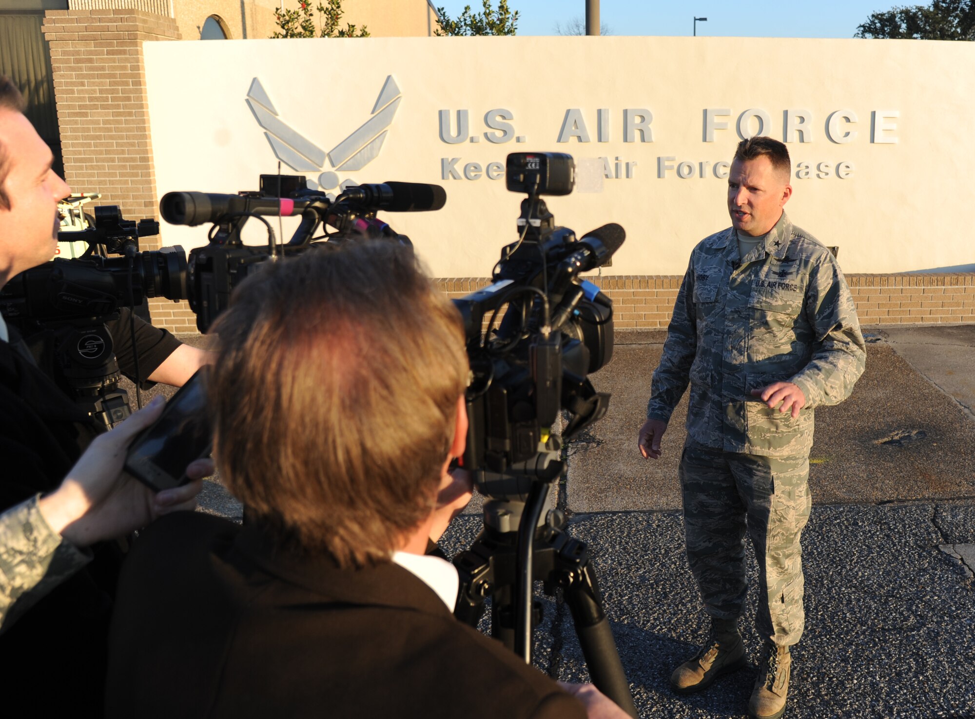 Brig. Gen. Patrick Higby, 81st Training Wing commander, addresses local media during a press conference Feb. 11, 2015, on the flight line at Keesler Air Force Base, Miss. The conference was in conjunction with the U.S. Air Force Thunderbirds site survey visit in preparation for the upcoming Air Show/Open House March 28-29. The Thunderbirds are scheduled to headline the event.  (U.S. Air Force photo by Kemberly Groue)