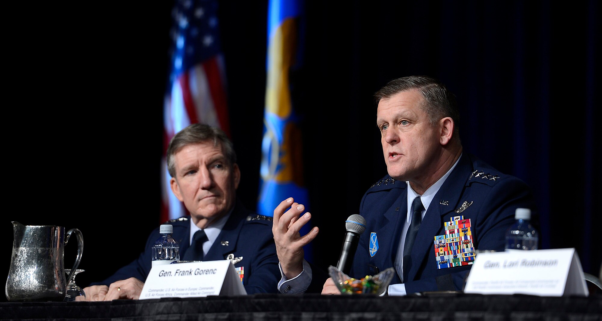 U.S Air Forces in Europe commander Gen. Frank Gorenc, responds to a question from the audience during a panel discussion on combat air forces at the Air Force Association's Annual Air Warfare Symposium and Technology Exposition Feb. 12, 2015, in Orlando, Fla.  Gorenc shared the panel with Air Combat Command commander Gen. Hawk Carlisle.  (U.S. Air Force photo/Scott M. Ash) 