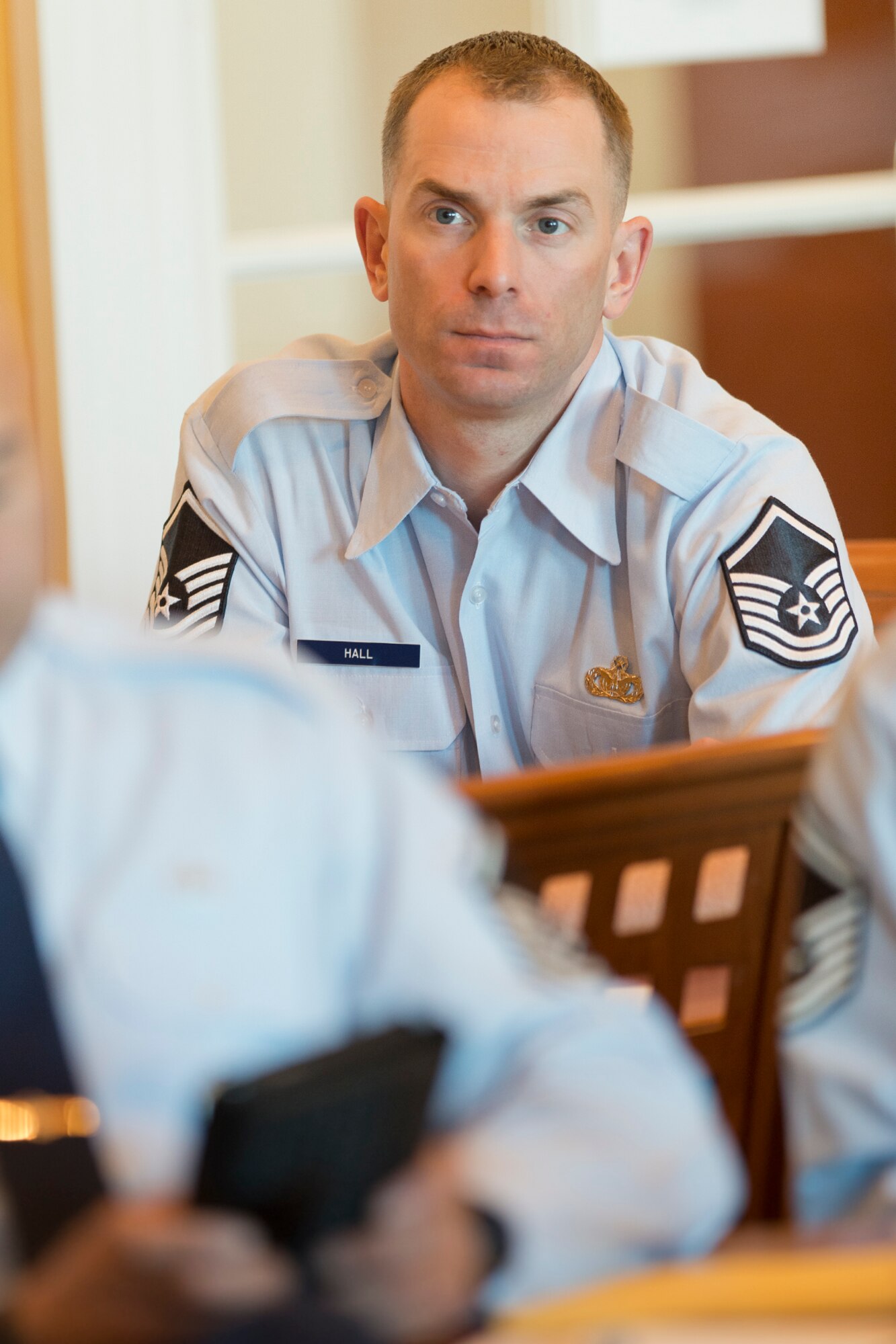 Chief Master Sgt. James W. Hotaling, the command chief master sergeant of the Air National guard discusses the recently approved Airman Comprehensive Assessment feedback form during a meeting of selected ANG Airman at Joint Base Andrews, Md. December, 2014. (U.S. Air National Guard photo by Master Sgt. Marvin R. Preston/ Released)