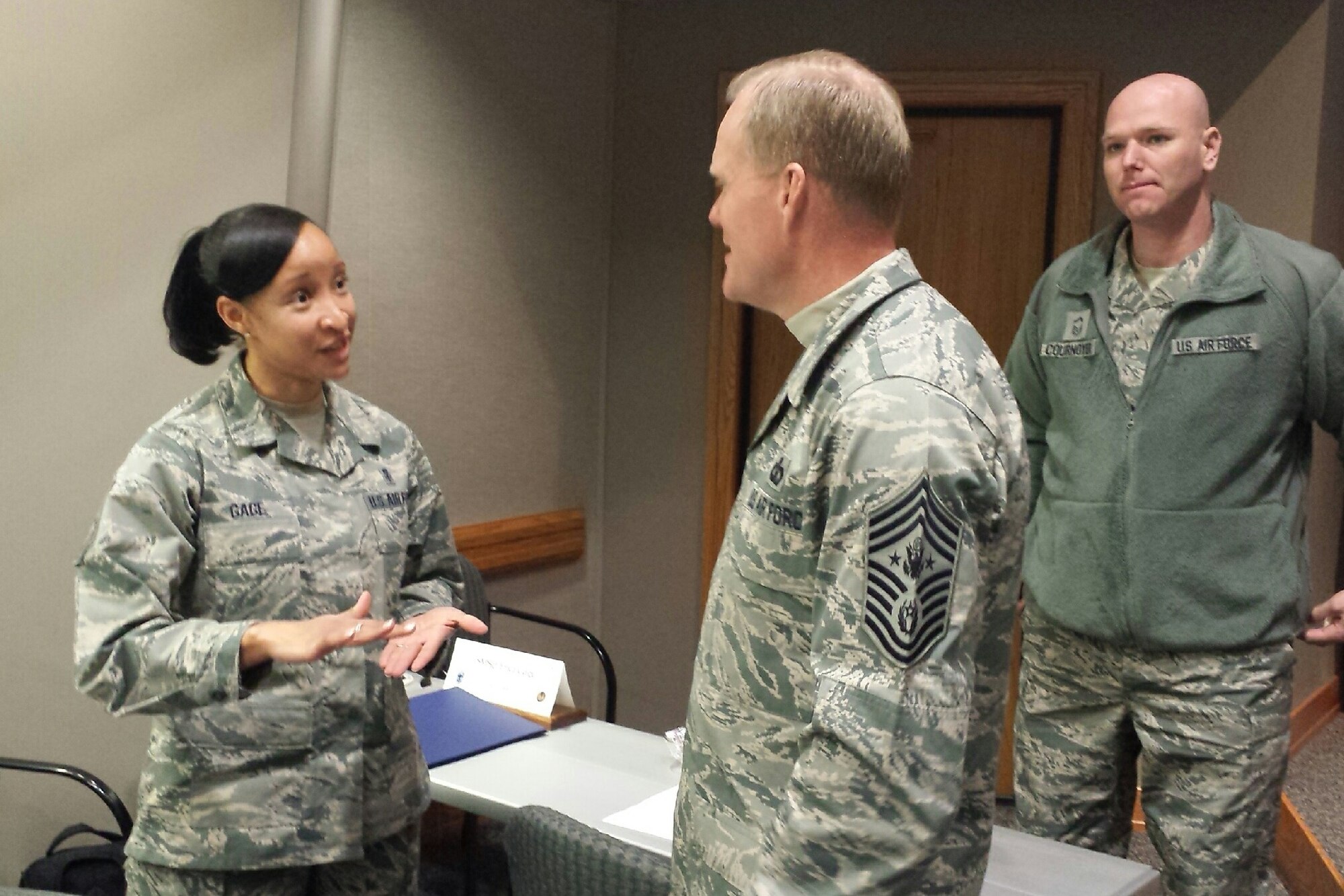 Chief Master Sgt. of the Air Force James Cody chats with Senior Master Sgt. Erica Gage, one of the AFMC Chiefs' Orientation attendees, during a break. Cody offered his leadership perspective at one of the orientation sessions. (U.S. Air Force photo/Kim Bowden)