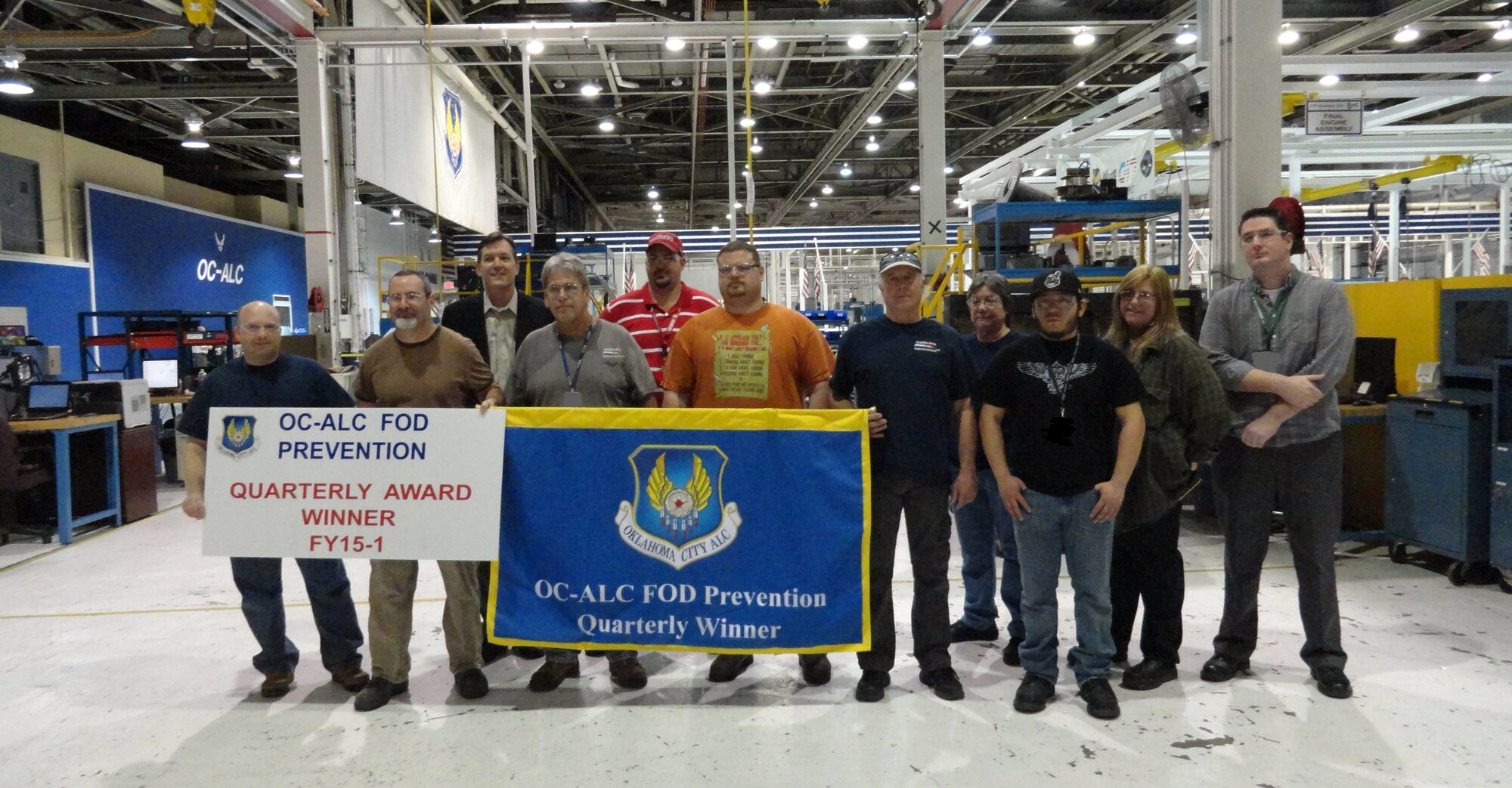 The 76th Propulsion Maintenance Group’s F-117 Sub Assembly Shop was the winner of the Oklahoma City Air Logistics Complex’s Foreign Object Damage Prevention Quarterly Award for FY15-1. Over the course of FY15-1, “No-notice” inspections were conducted in the F-117 Sub Assembly at the wing, group and squadron level resulting in zero findings. In the past quarter, more than 85 inspections containing a FOD element have been conducted in the F-117 area resulting in a 100 percent pass rate. Seven of these inspections were FOD/Housekeeping specific, targeting the work area as a whole, while the other inspections specifically focused on the individual mechanic and their personal FOD training and practices as it relates to their daily duties. The shop’s dedication to FOD awareness is in the numbers. The mechanics in this shop are conscientious of the part they play in maintaining a FOD-free environment. Quality Assurance Specialists working alongside the 76th PMXG leadership in this area confirm that the mechanics in this shop go above and beyond by conducting daily FOD walks, exceeding the mandated weekly FOD walks. (Courtesy photo)