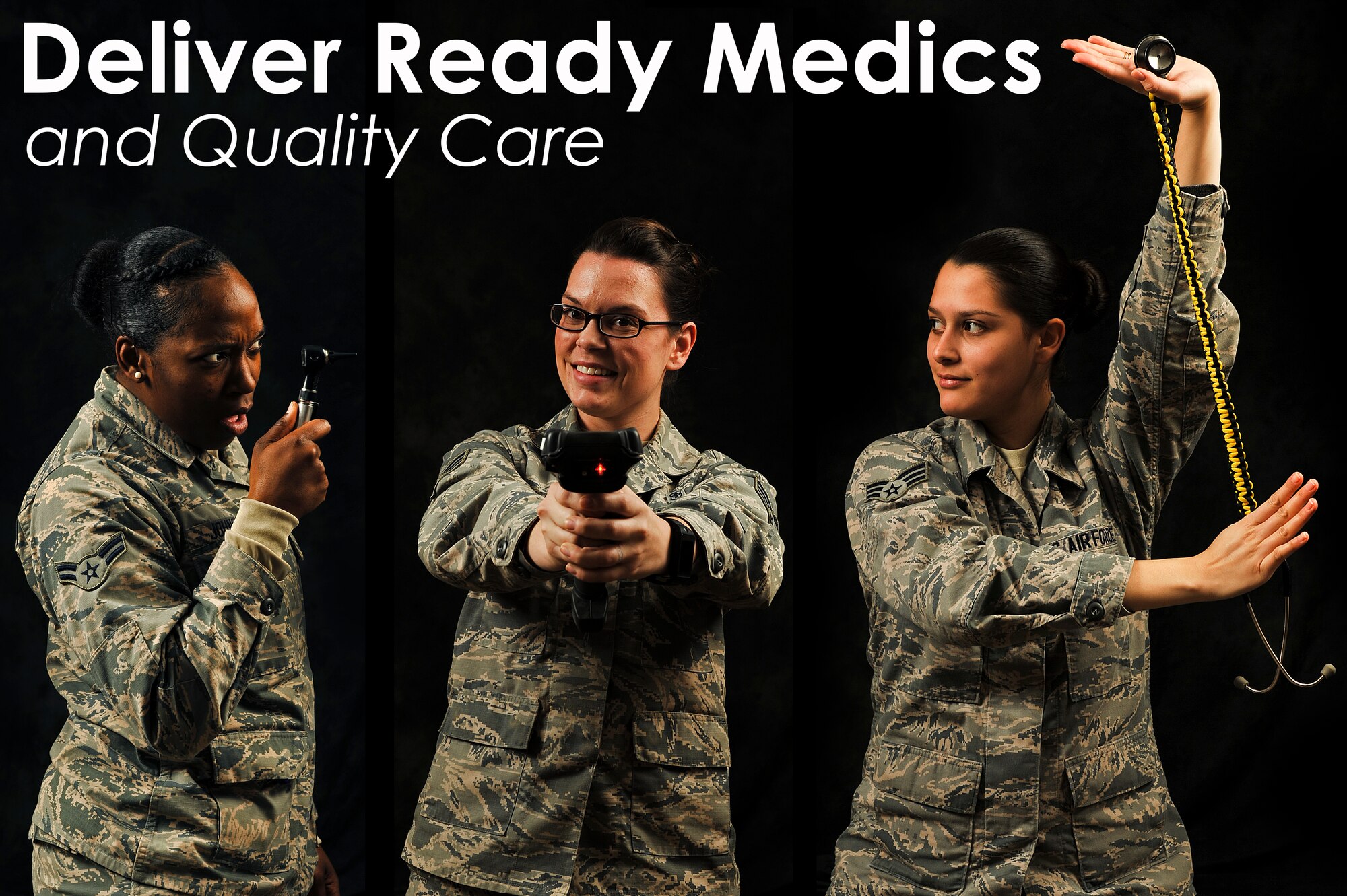 Although they are from different squadrons, medical technicians (from left) Airman 1st Class Jessica Johnson, 4th Aerospace Medicine Squadron, Senior Airman Jessica Bailey, 4th Medical Support Squadron, and Senior Airman Elenacorozal Denny, 4th Medical Operations Squadron, all work in unison to “Deliver Ready Medics and Quality Care.” (U.S. Air Force photo illustration/Airman 1st Class Brittain Crolley)